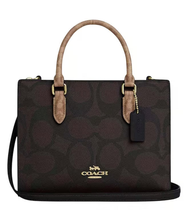 C-Inspired Maggie Signature Monogram Canvas Top Handle Crossbody Bag With Magnetic Box Including Carry Bag (Coffee)