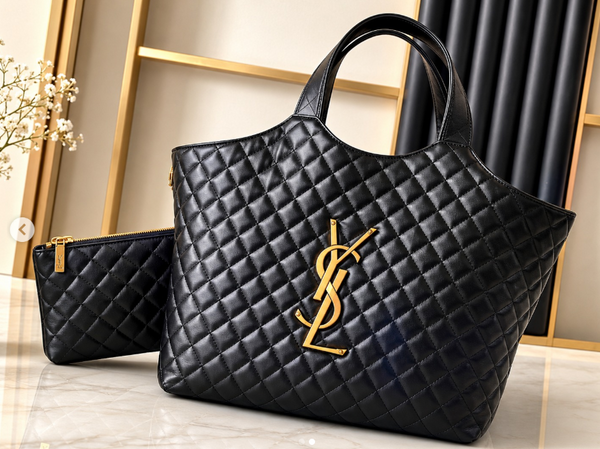 YSL-Inspired Maxi Tote Bag With Matching Wallet Includes Dust Bag (Black)