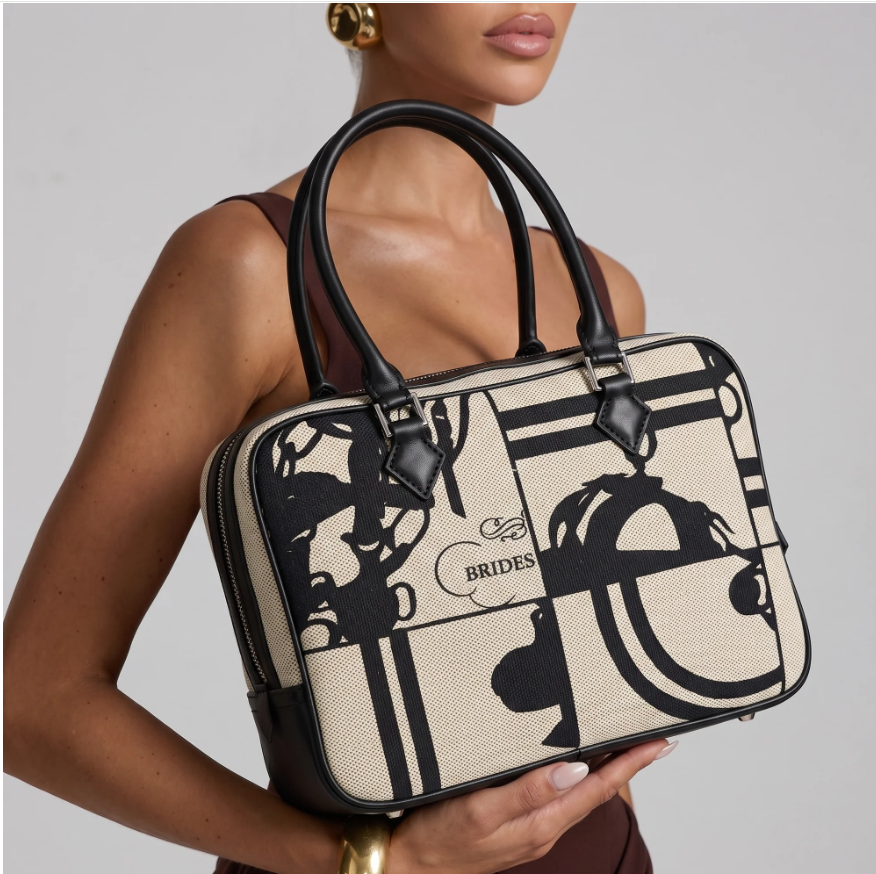 H-Inspired Equestrian Print Canvas Top Handle Crossbody Bag (Black)