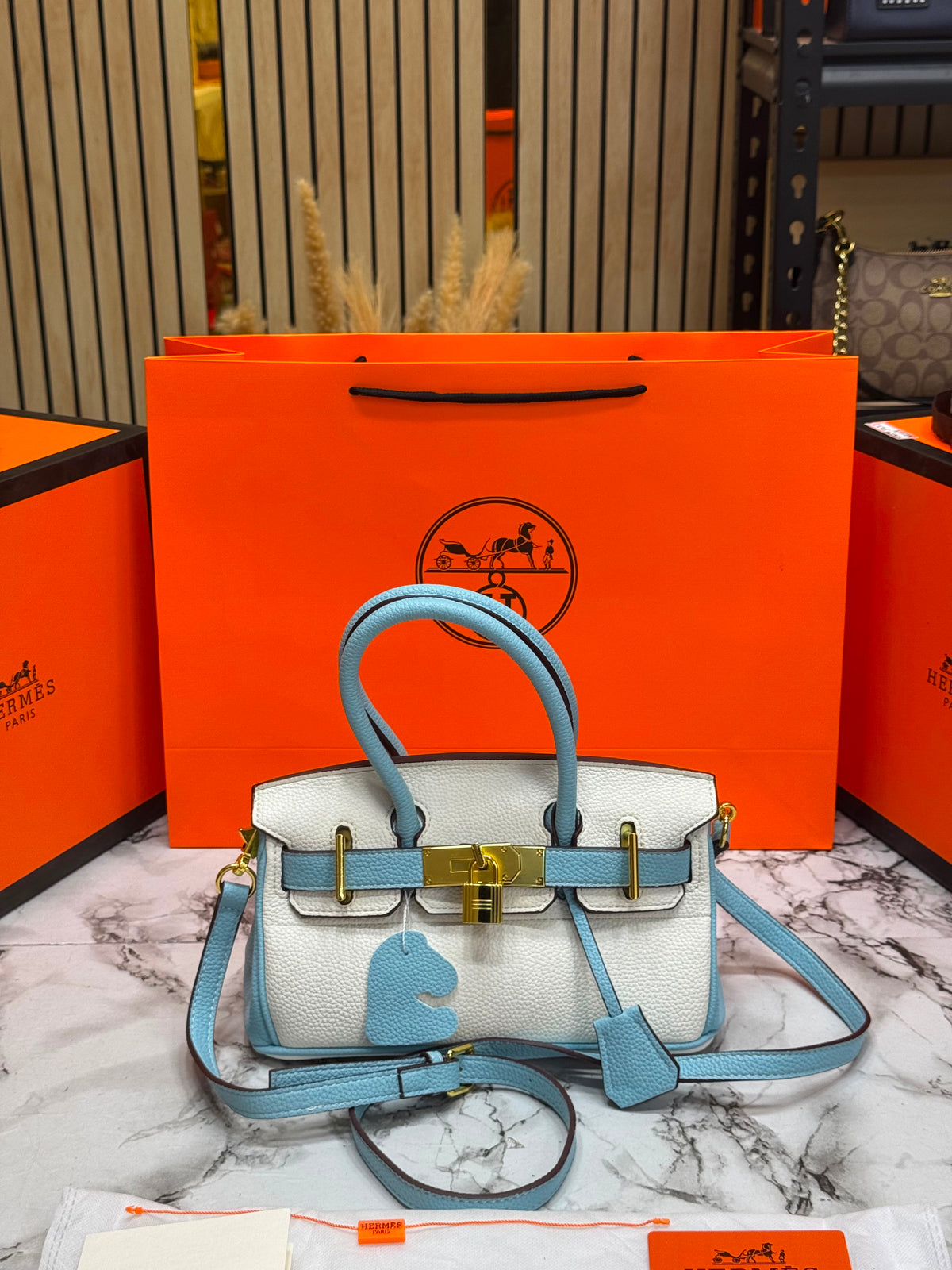 H-Inspired Togo Horseshoe Birkin Handbag With Box And Dust Bag And Carry Bag (Blue) Main image