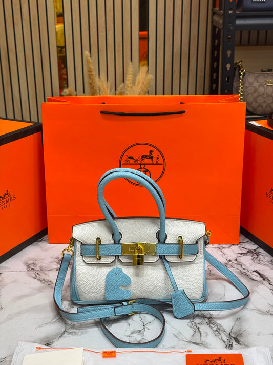 H-Inspired Togo Horseshoe Birkin Handbag With Box And Dust Bag And Carry Bag (Blue)