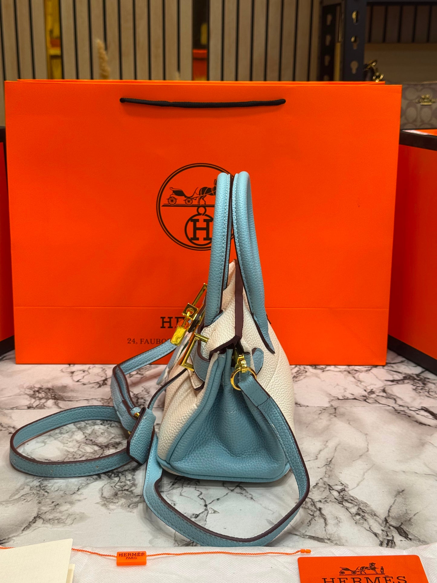 H-Inspired Togo Horseshoe Birkin Handbag With Box And Dust Bag And Carry Bag (Blue)