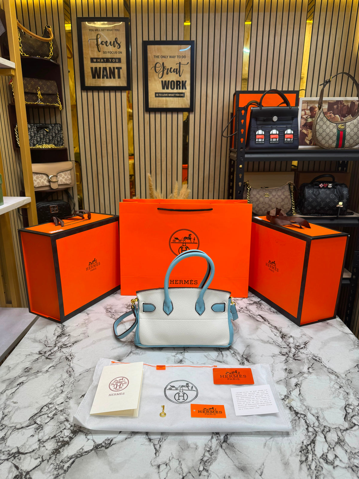 H-Inspired Togo Horseshoe Birkin Handbag With Box And Dust Bag And Carry Bag (Blue)