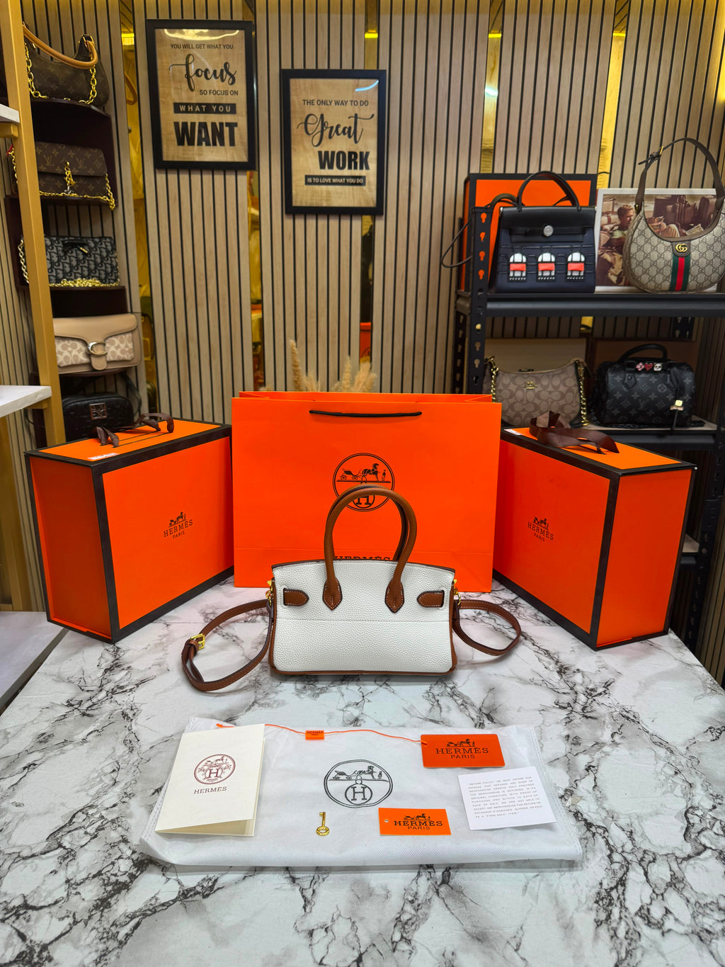 H-Inspired Togo Horseshoe Birkin Handbag With Box And Dust Bag And Carry Bag (BROWN)