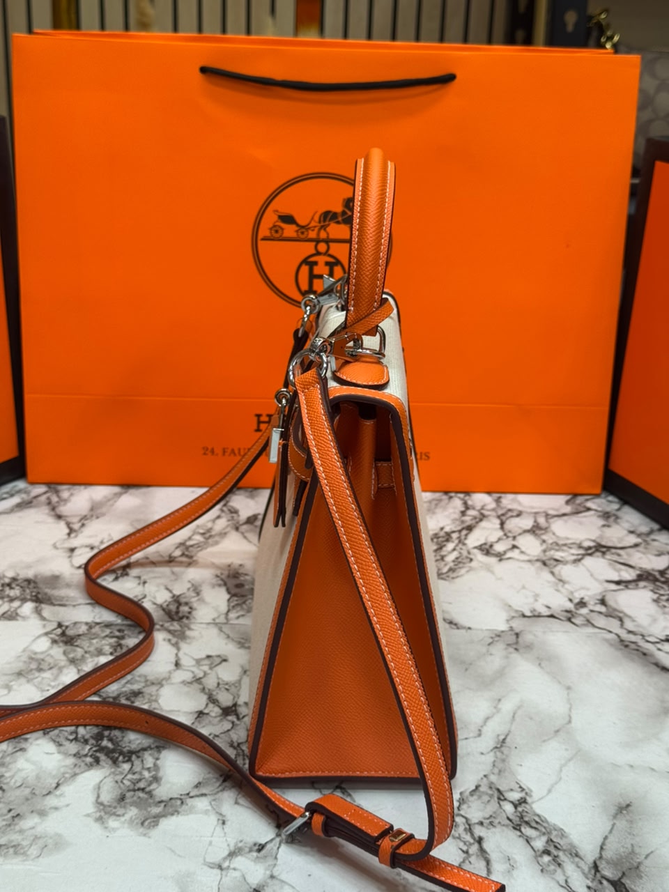 H-Inspired Kelly Sellier Top handle Premium Bag With Magnetic Box And Carry Bag