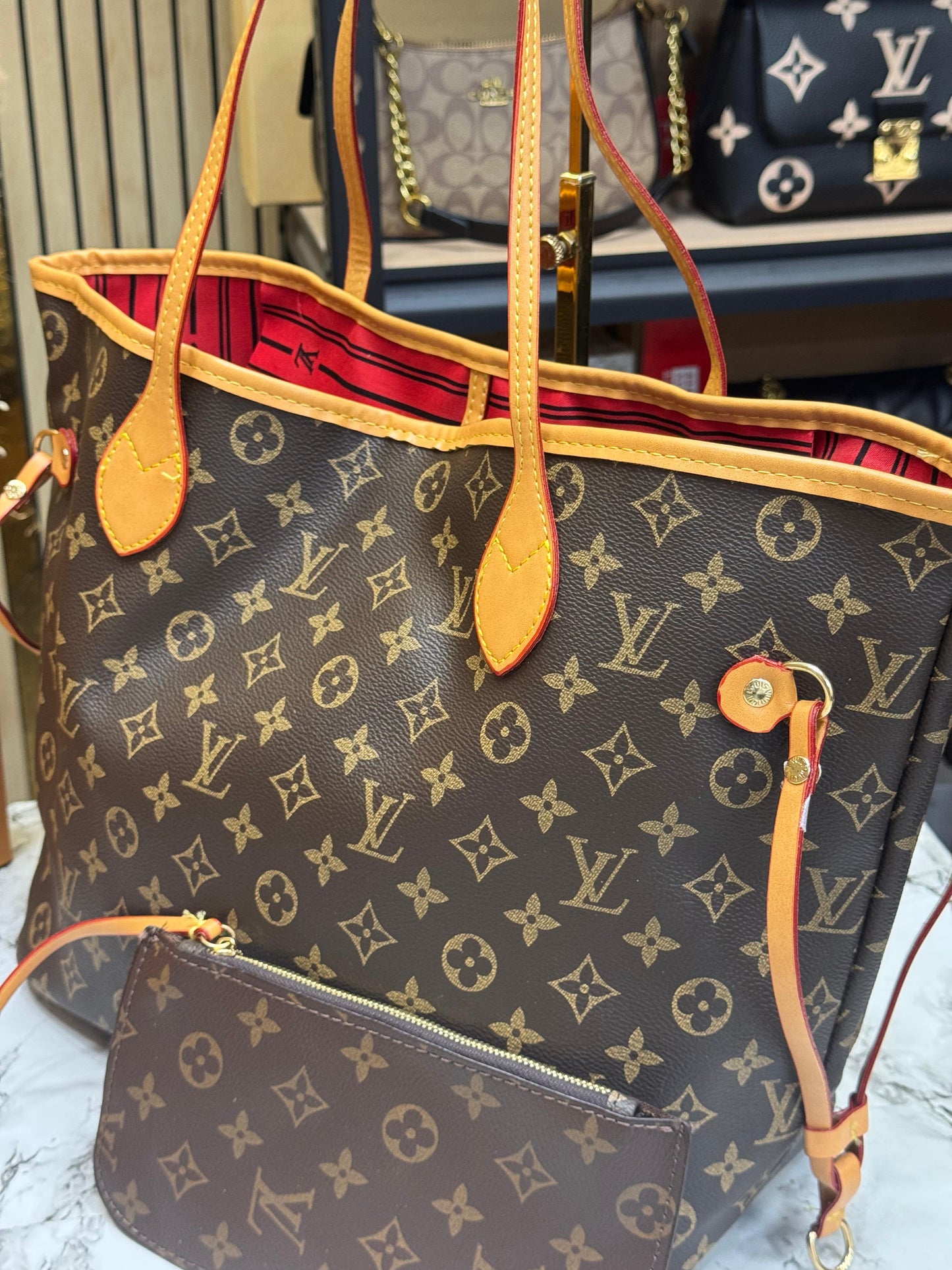 LV-Inspired Neverfull Premium Quality Tote Bag With Box And Dust Bag (Brown monogram)