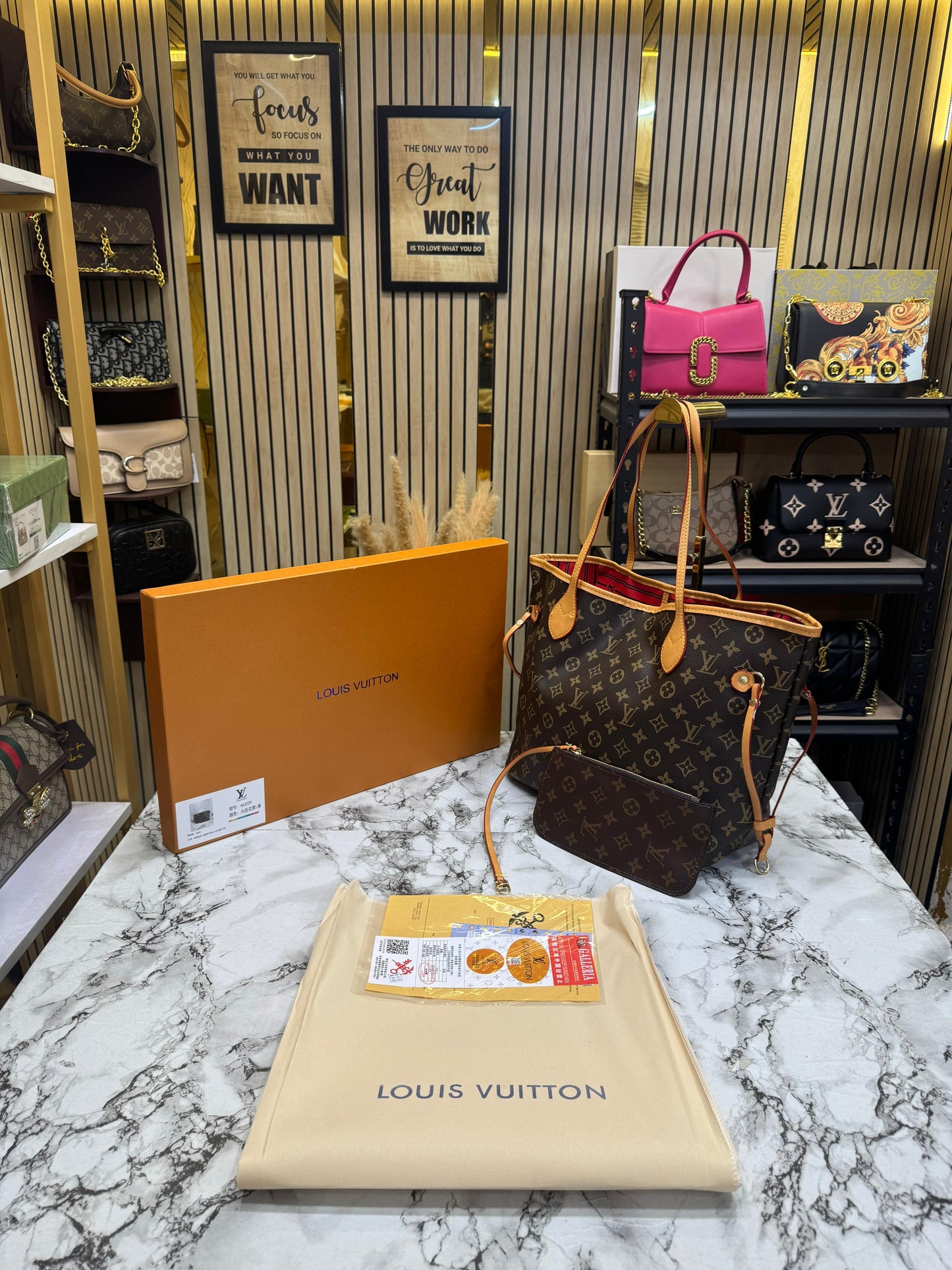 LV-Inspired Neverfull Premium Quality Tote Bag With Box And Dust Bag (Brown monogram)