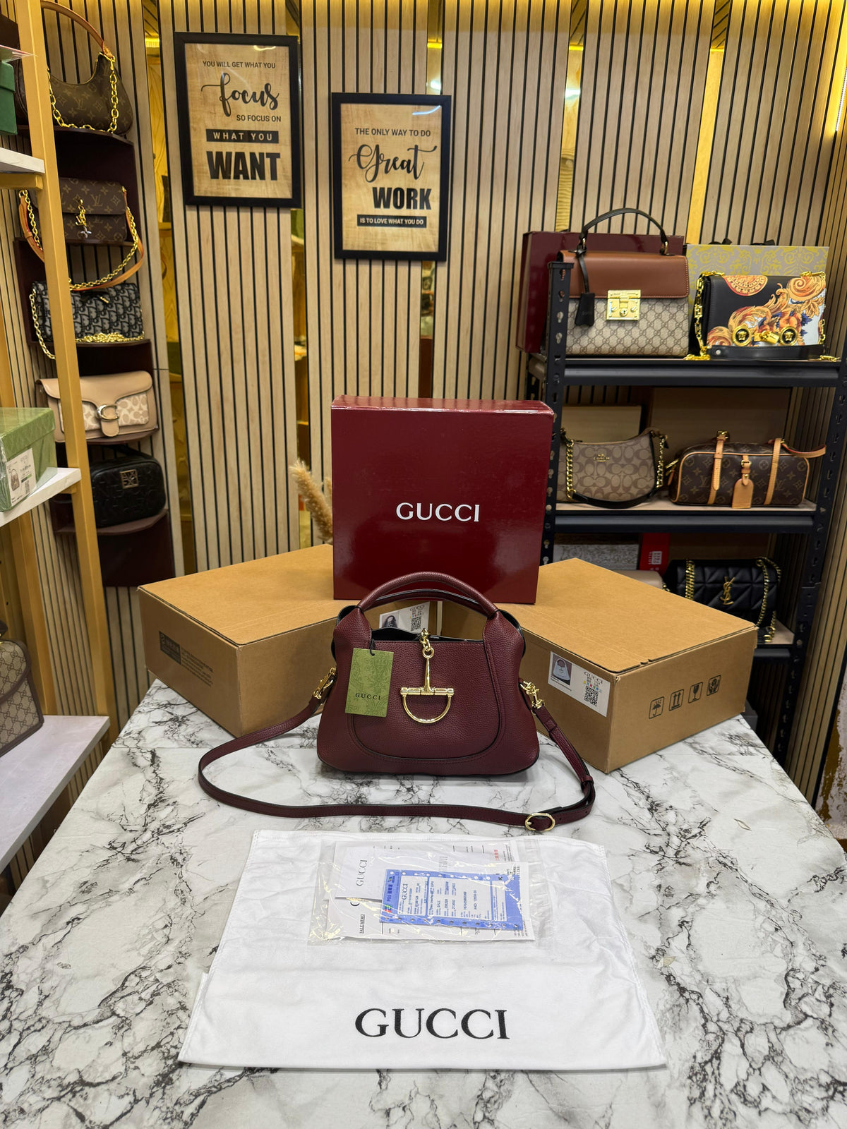 G-Inspired Softbit Medium Top Handle Bag With Double Box And Dust Bag (Maroon)