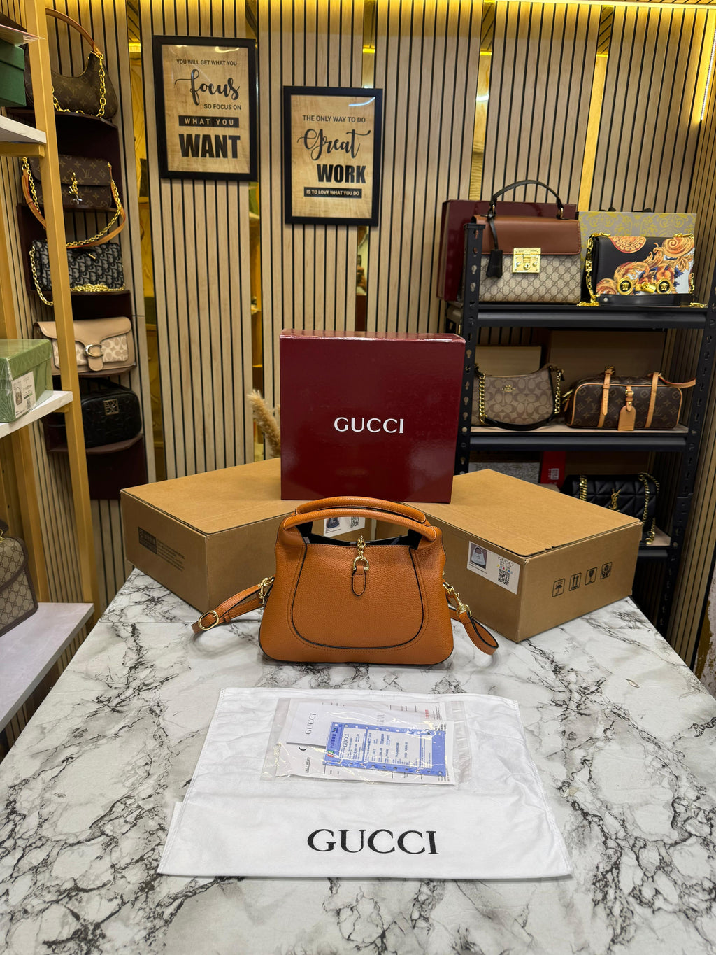 G-Inspired Softbit Medium Top Handle Bag With Double Box And Dust Bag (Brown)