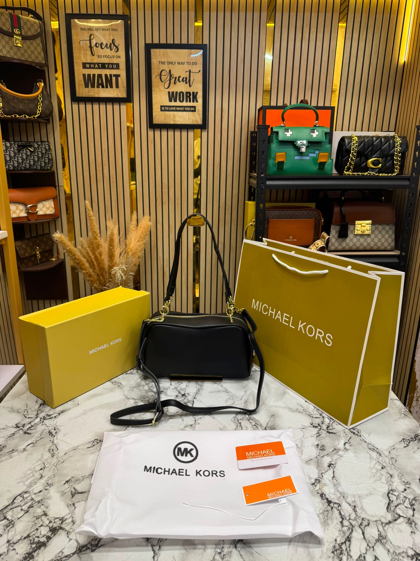 MK-Inspired Charm Shoulder Bag With Box And Dust Bag (Black)