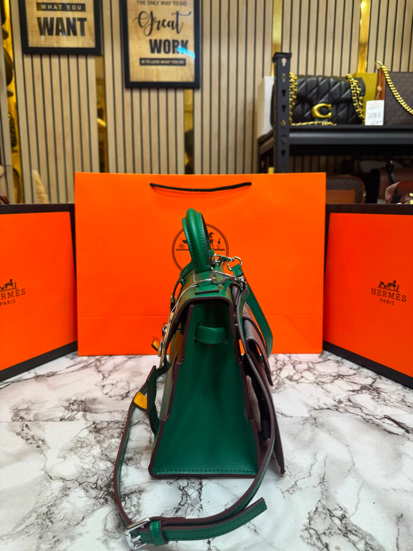 H-Inspired Kelly Doll Mini Top Handle Crossbody Bag With Box And Dust Bag Including Carry Bag (Green)