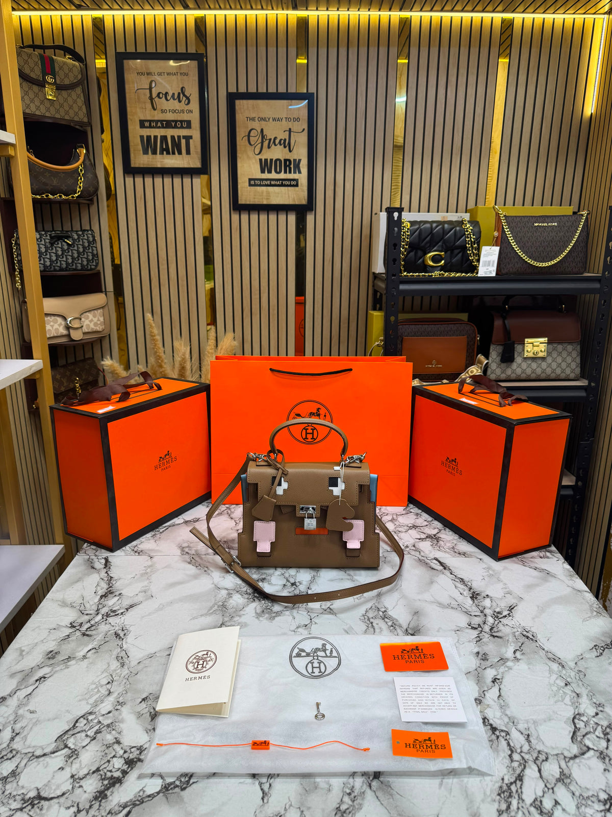 H-Inspired Kelly Doll Mini Top Handle Crossbody Bag With Box And Dust Bag Including Carry Bag (Khaki) Main image