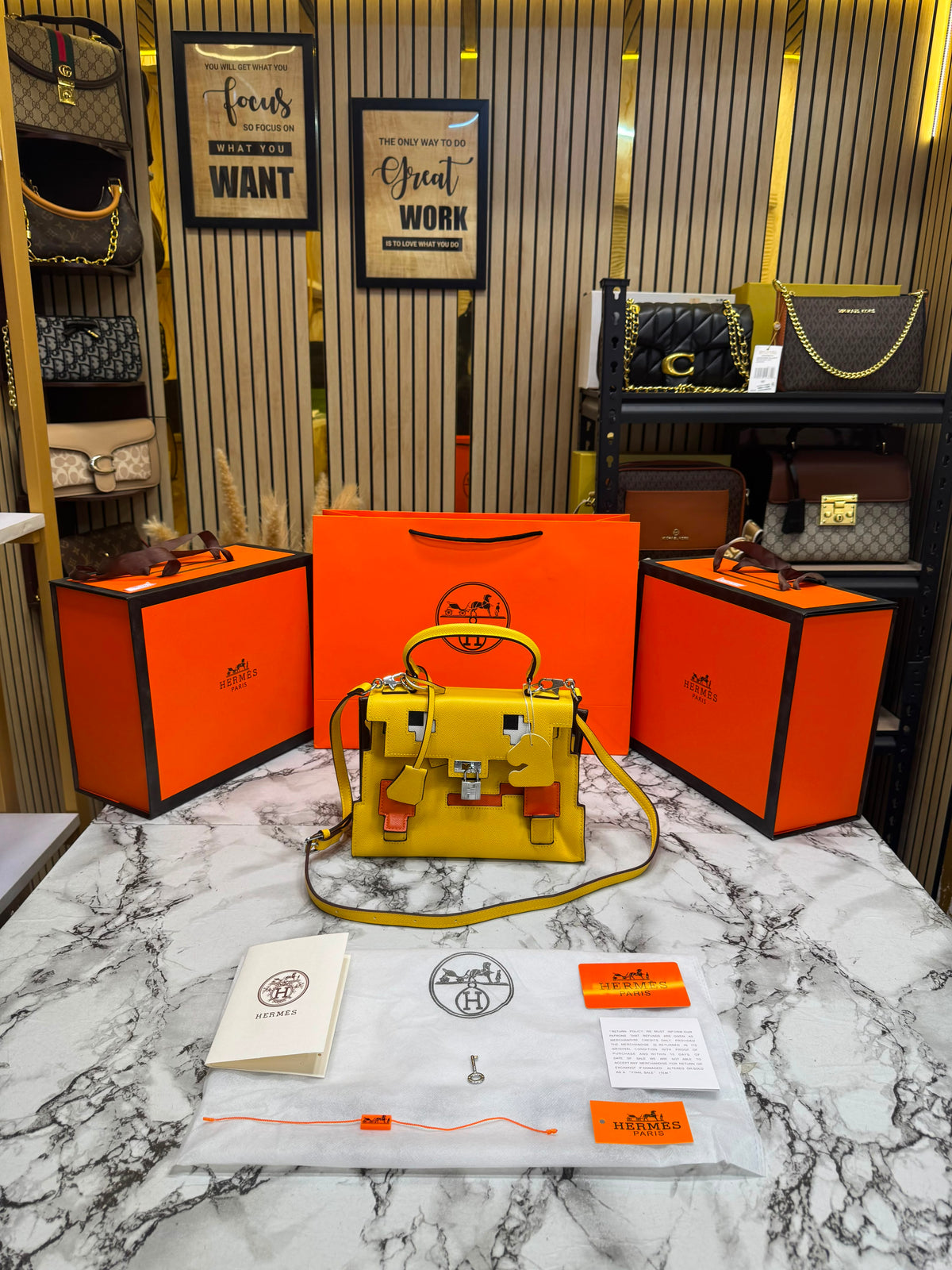 H-Inspired Kelly Doll Mini Top Handle Crossbody Bag With Box And Dust Bag Including Carry Bag (Yellow) Main image