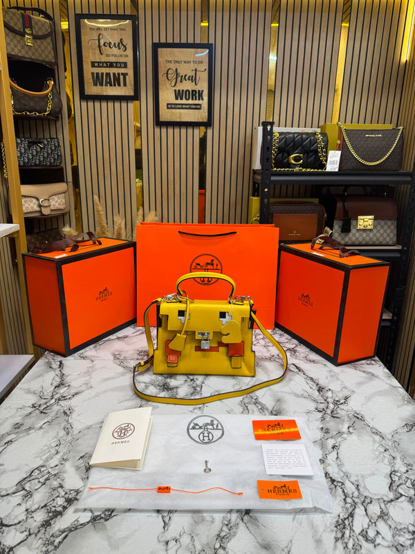 H-Inspired Kelly Doll Mini Top Handle Crossbody Bag With Box And Dust Bag Including Carry Bag (Yellow)