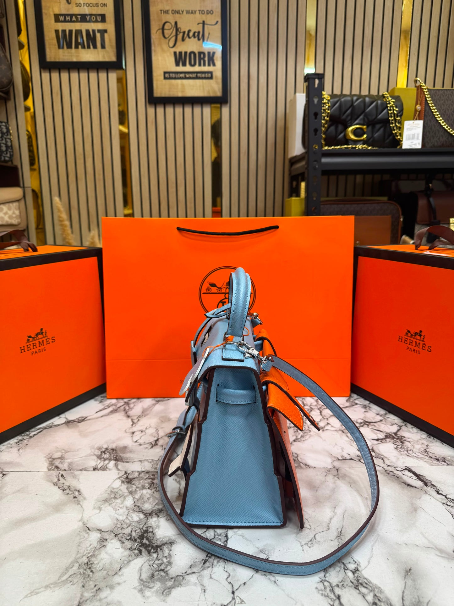 H-Inspired Kelly Doll Mini Top Handle Crossbody Bag With Box And Dust Bag Including Carry Bag (Blue)