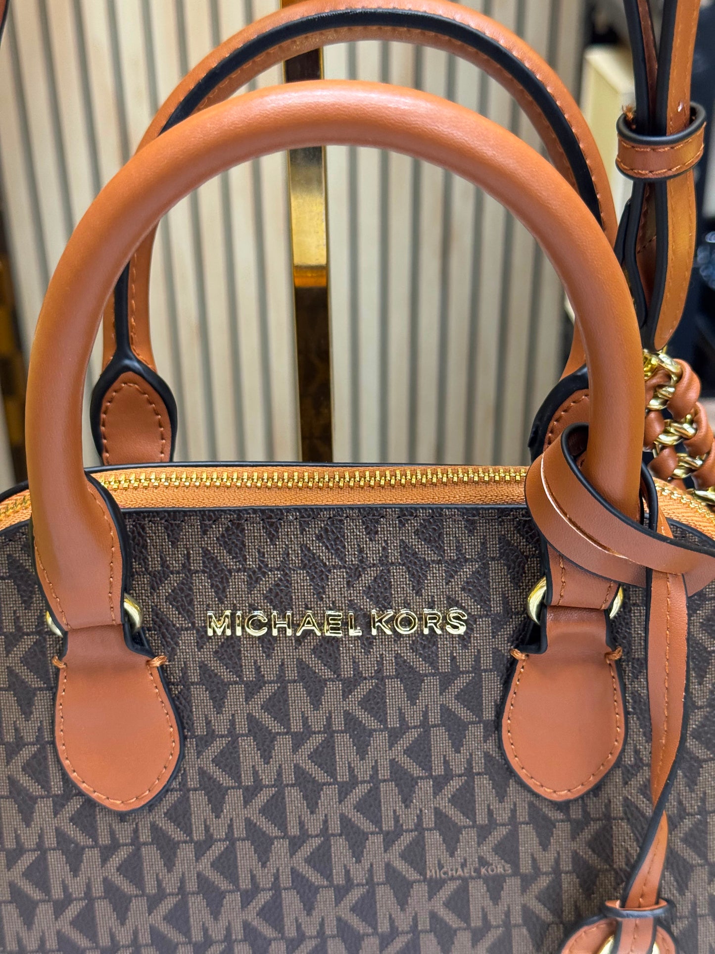 Mk-inspired Veronica Medium Dome Logo Shoulder Bag With Box And Dust Bag (Coffee-Brown)