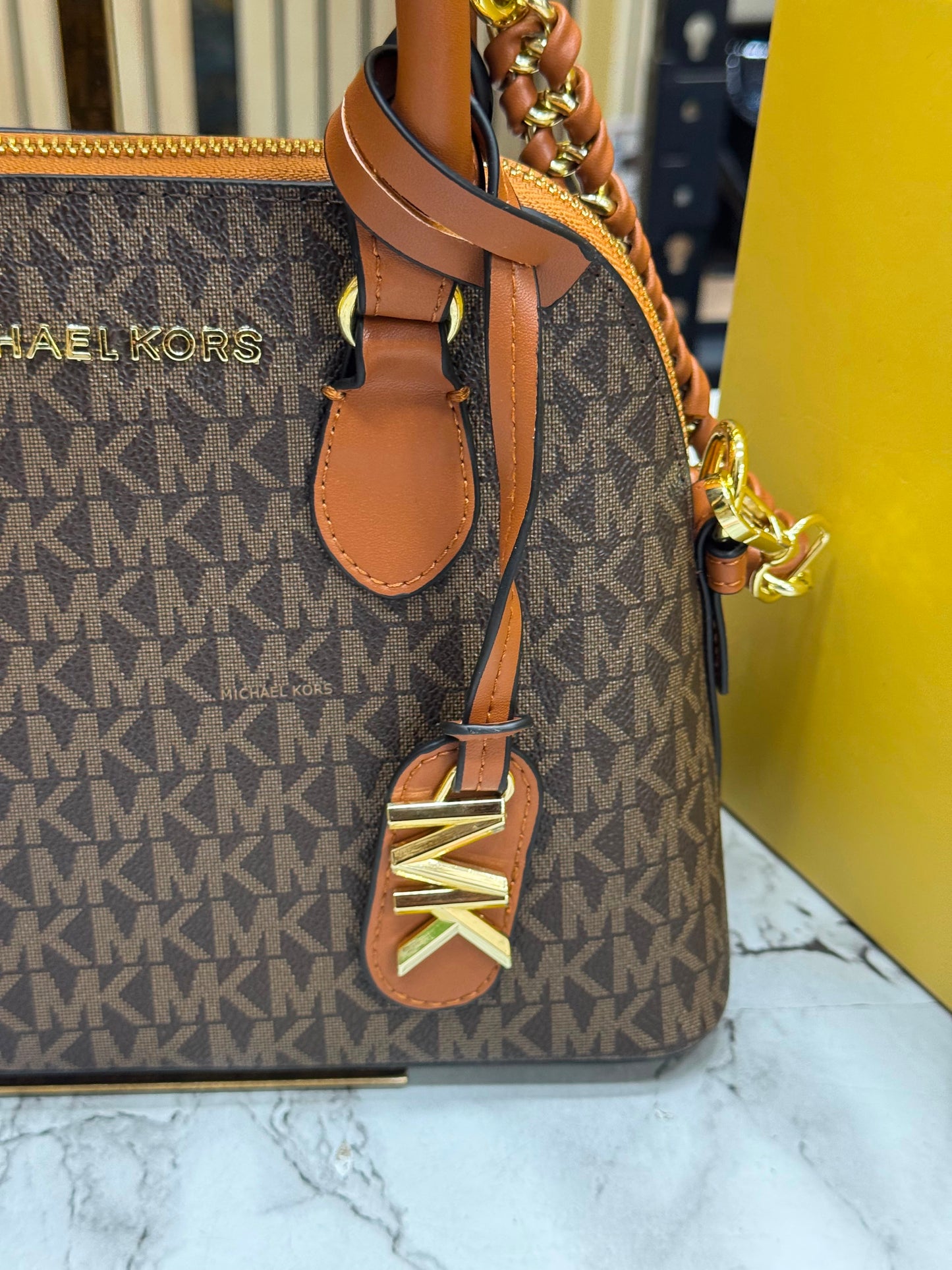 Mk-inspired Veronica Medium Dome Logo Shoulder Bag With Box And Dust Bag (Coffee-Brown)