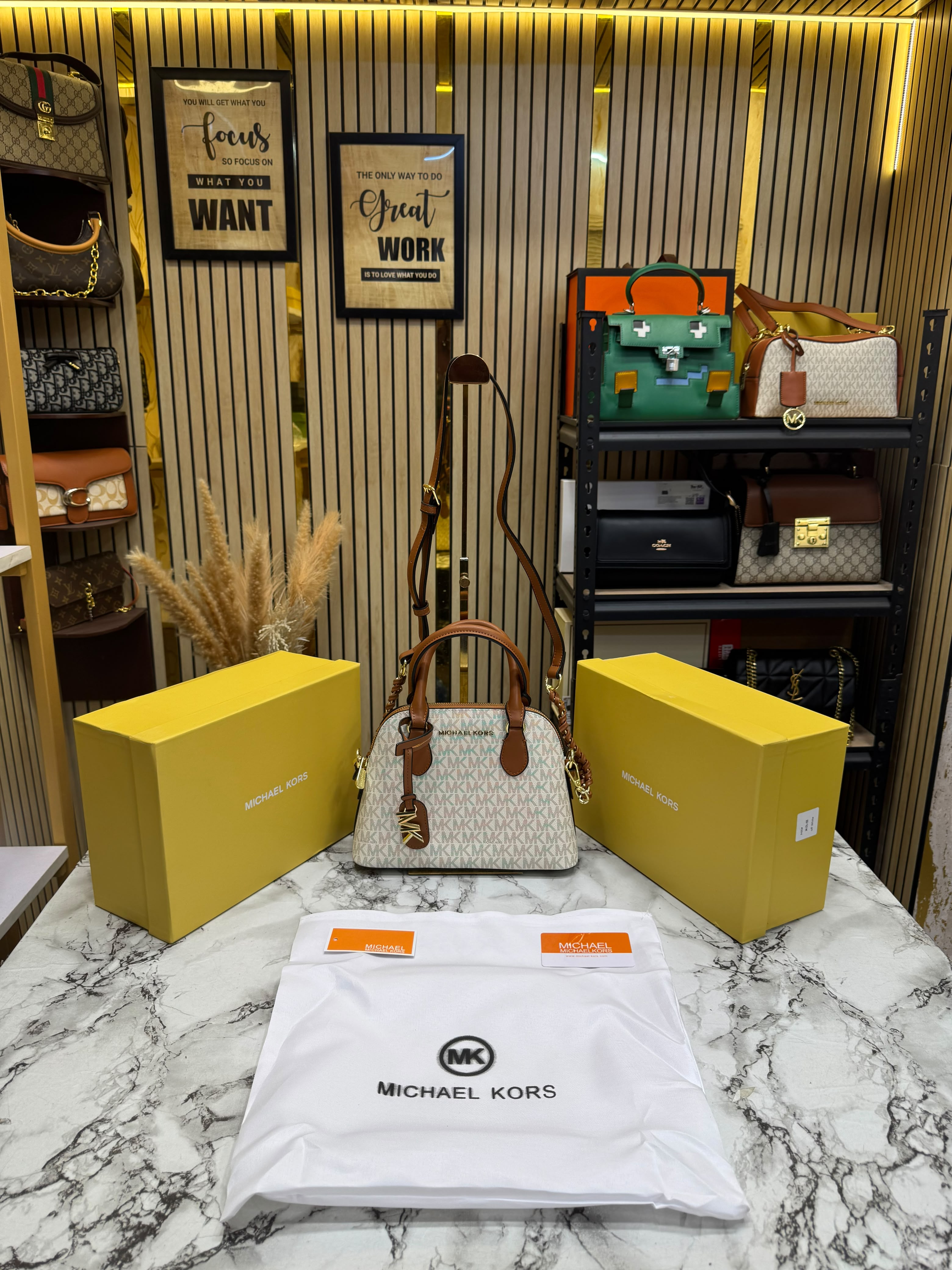 MK-Inspired Veronica Medium Dome Logo Shoulder Bag With Box And Dust Bag (Biege-Brown) Secondary image