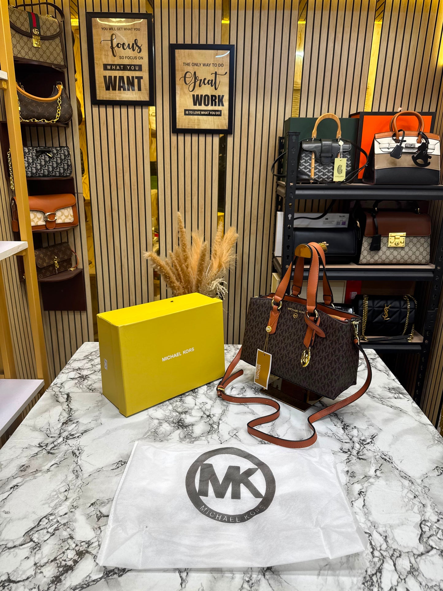 MK-inspired Emma Signature MK Satchel Tote With Shoulder Strap (Brown)