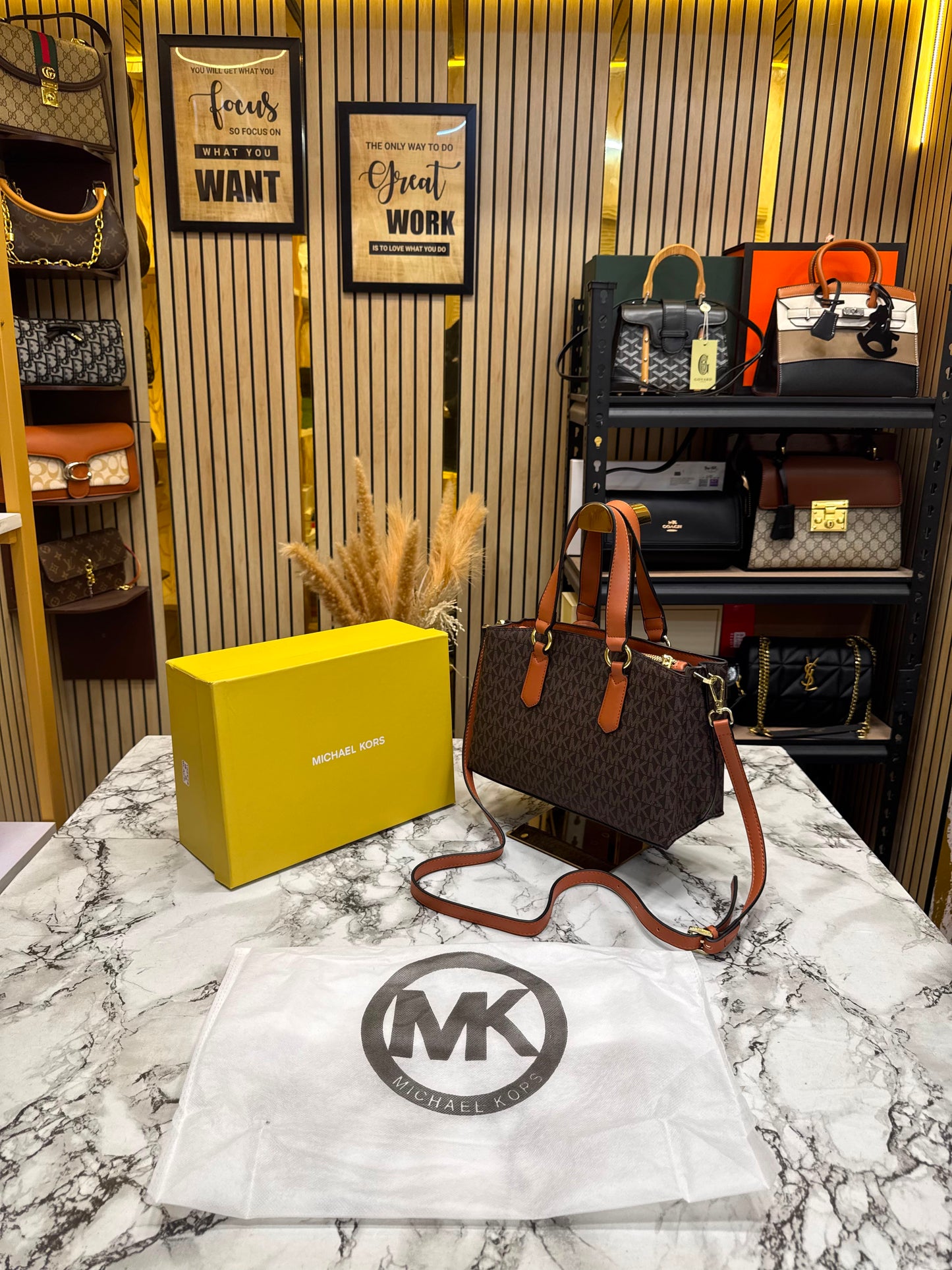 MK-inspired Emma Signature MK Satchel Tote With Shoulder Strap (Brown)