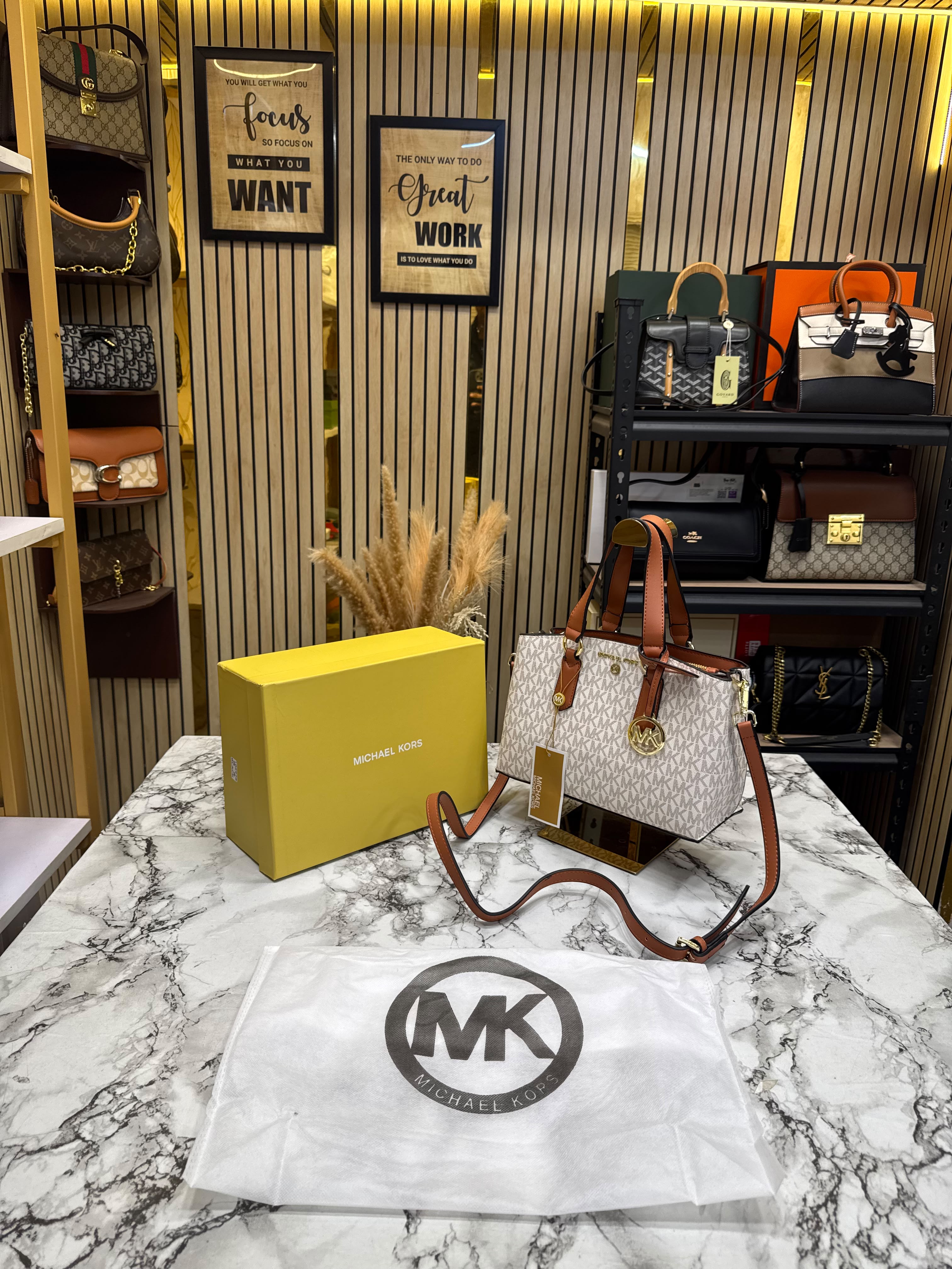 MK-Inspired Emma Signature MK Satchel Tote With Shoulder Strap With Box And Dust Bag (Beige) Secondary image