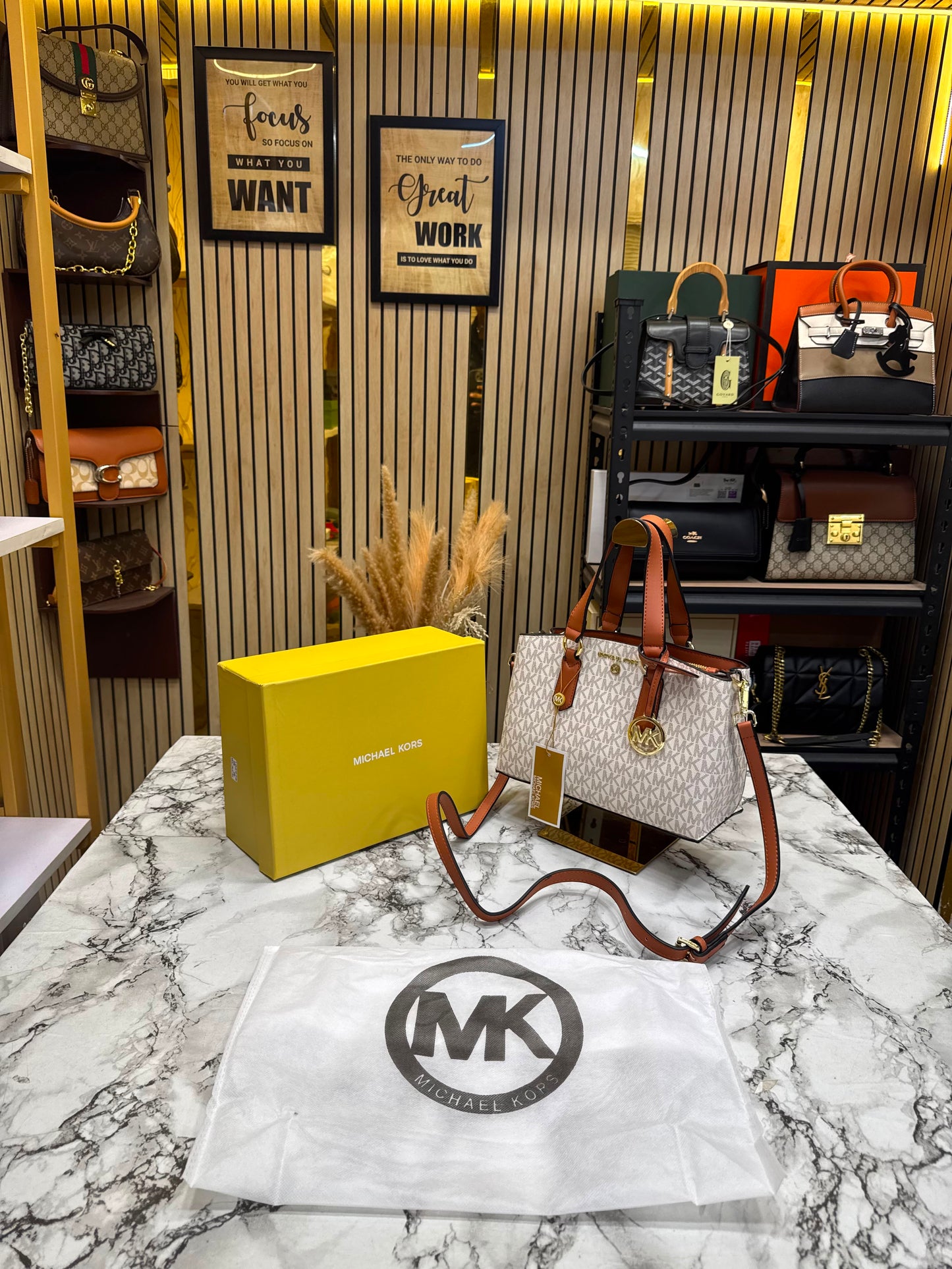 MK-Inspired Emma Signature MK Satchel Tote With Shoulder Strap With Box And Dust Bag (Beige)