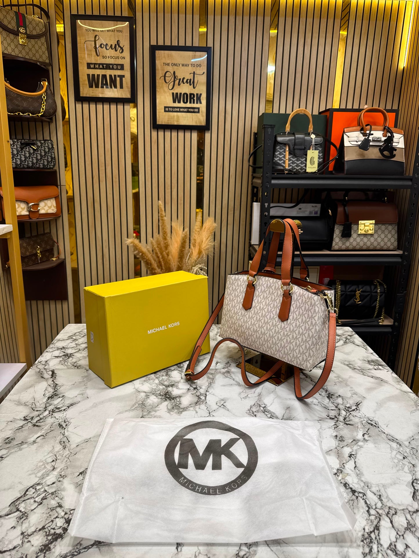 MK-Inspired Emma Signature MK Satchel Tote With Shoulder Strap With Box And Dust Bag (Beige)