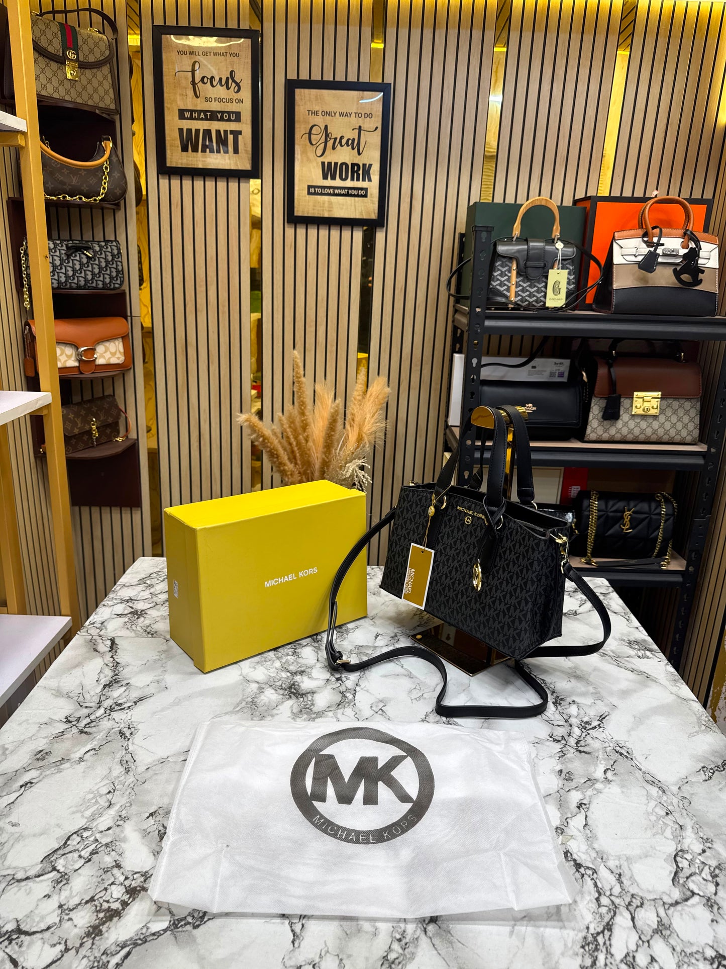MK-Inspired Emma Signature MK Satchel Tote With Shoulder Strap With Box And Dust Bag (Black)