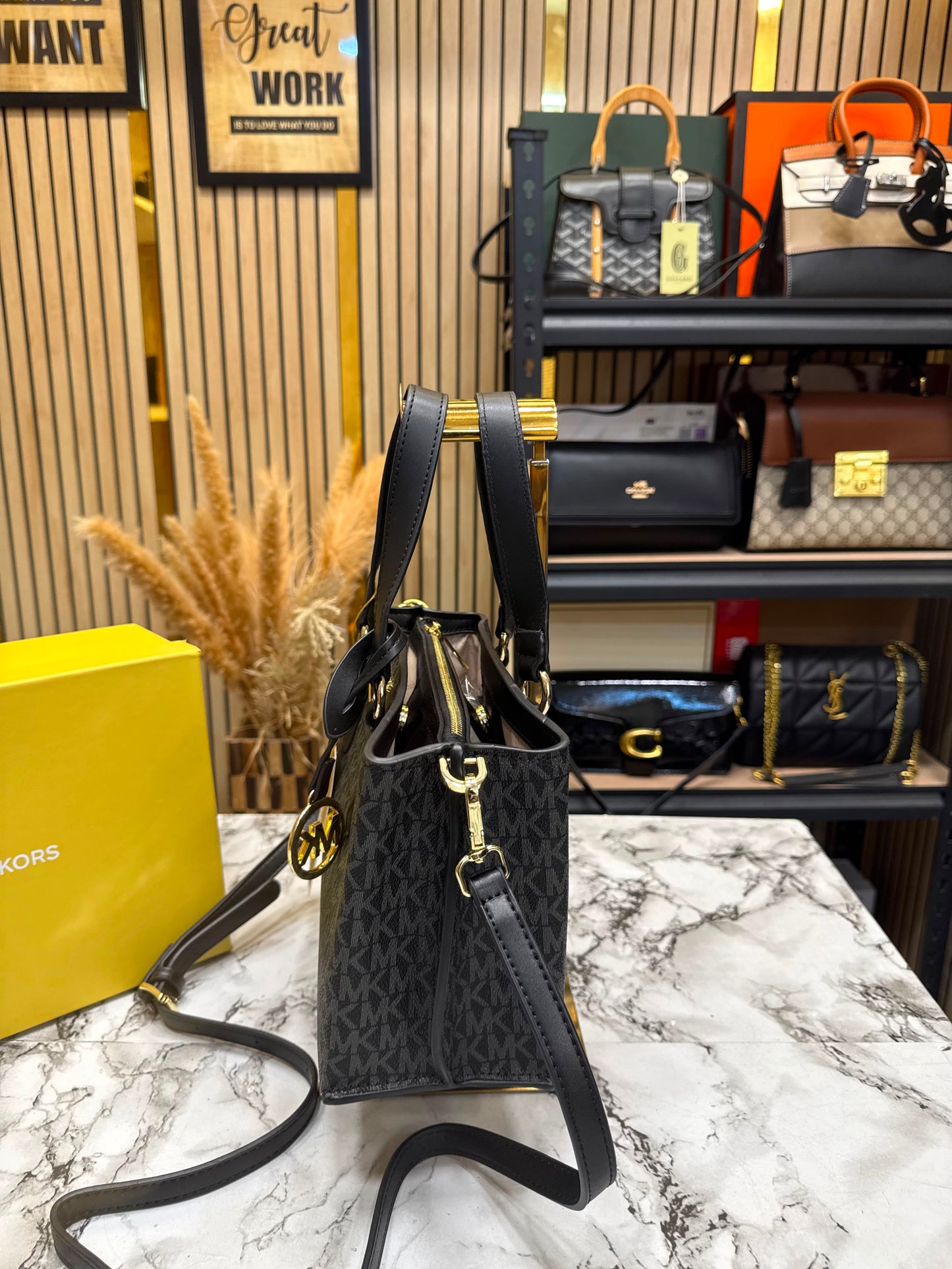 MK-Inspired Emma Signature MK Satchel Tote With Shoulder Strap With Box And Dust Bag (Black)