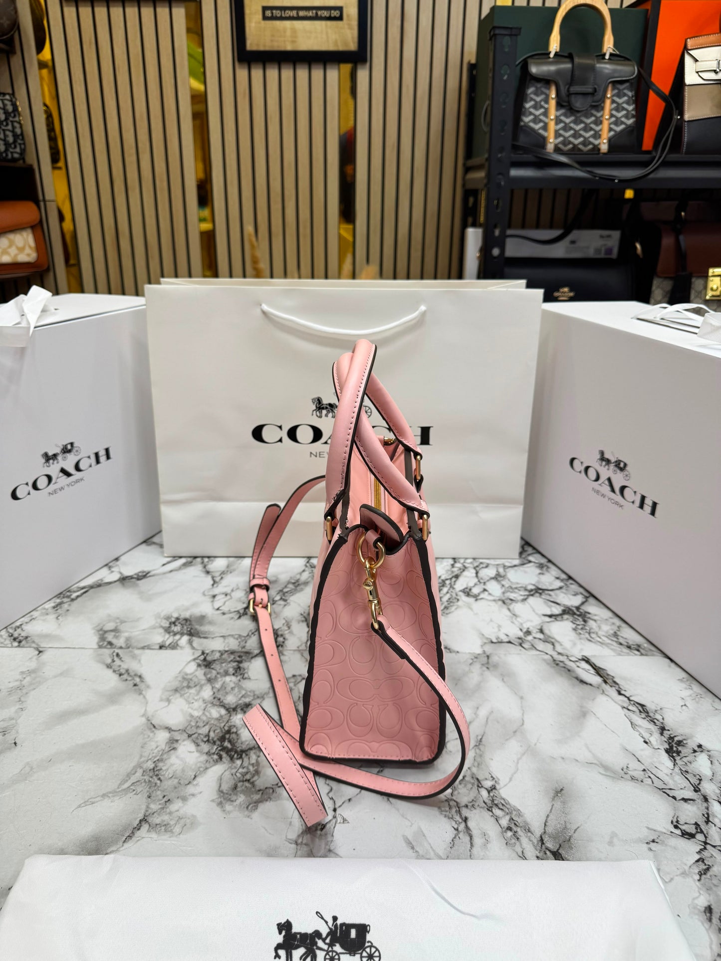 C-Inspired Maggie Embossed Leather Top Handle Crossbody Bag With Magnetic Box Including Carry Bag (Pink)