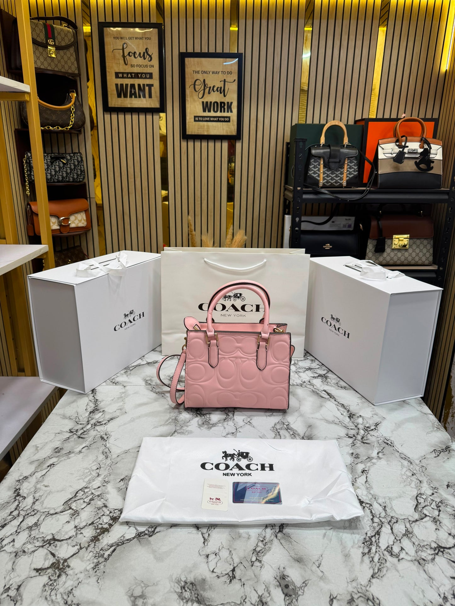 C-Inspired Maggie Embossed Leather Top Handle Crossbody Bag With Magnetic Box Including Carry Bag (Pink)