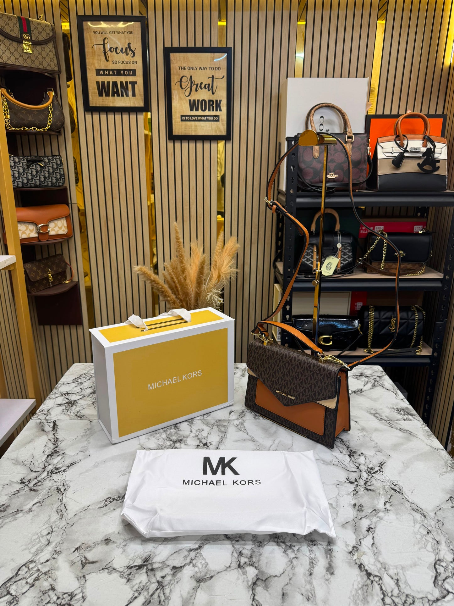 MK-Inspired Signature Monogram Flap Satchel Bag With Crossbody Strap Including Box And Dust Bag (Brown)