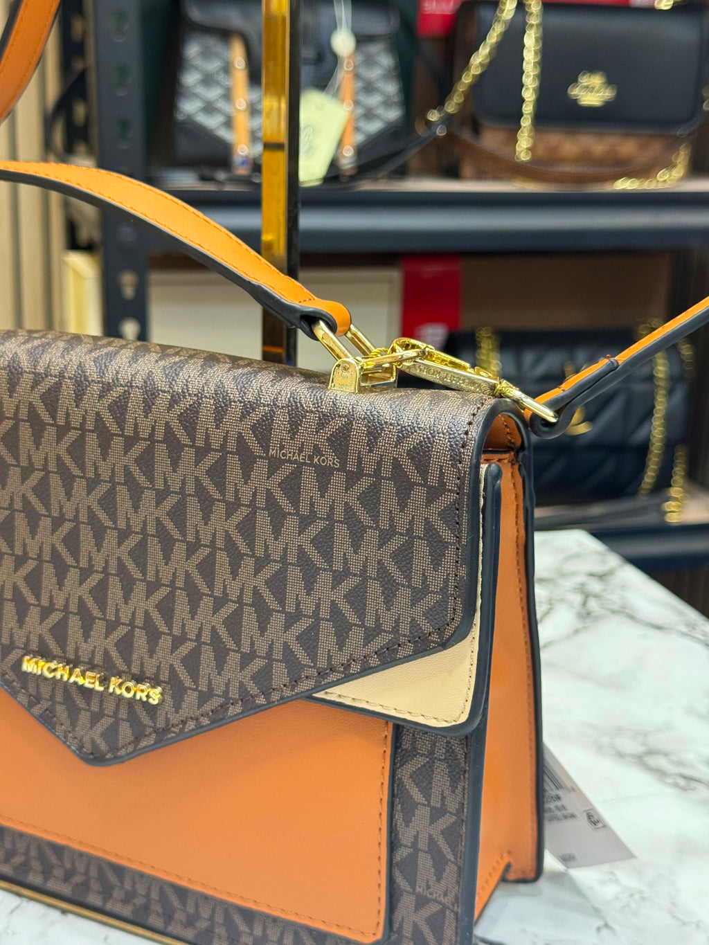 MK-Inspired Signature Monogram Flap Satchel Bag With Crossbody Strap Including Box And Dust Bag (Brown)
