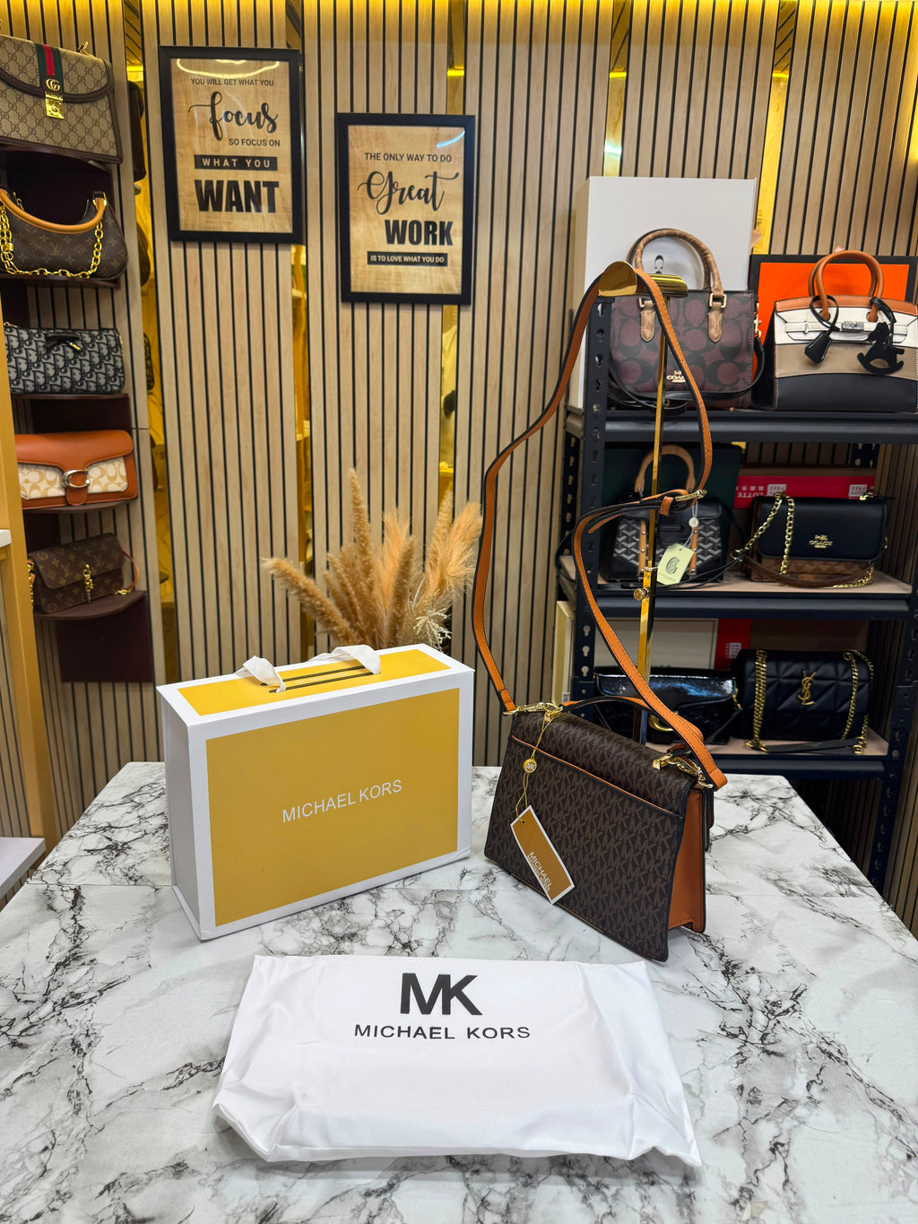 MK-Inspired Signature Monogram Flap Satchel Bag With Crossbody Strap Including Box And Dust Bag (Brown)