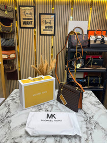 MK-Inspired Signature Monogram Flap Satchel Bag With Crossbody Strap Including Box And Dust Bag (Brown)
