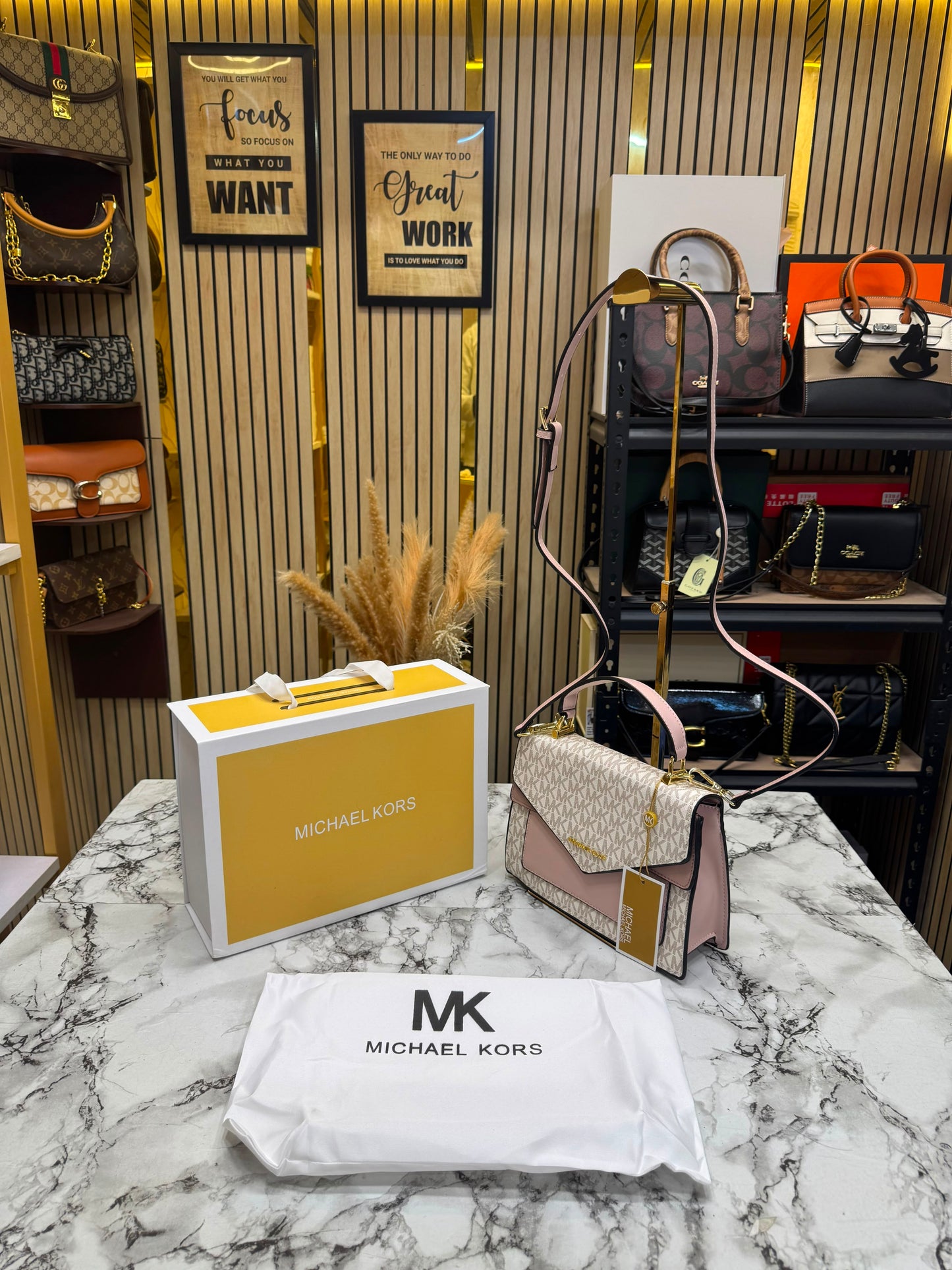 MK-Inspired Signature Monogram Flap Satchel Bag With Crossbody Strap Including Box And Dust Bag (Pink)