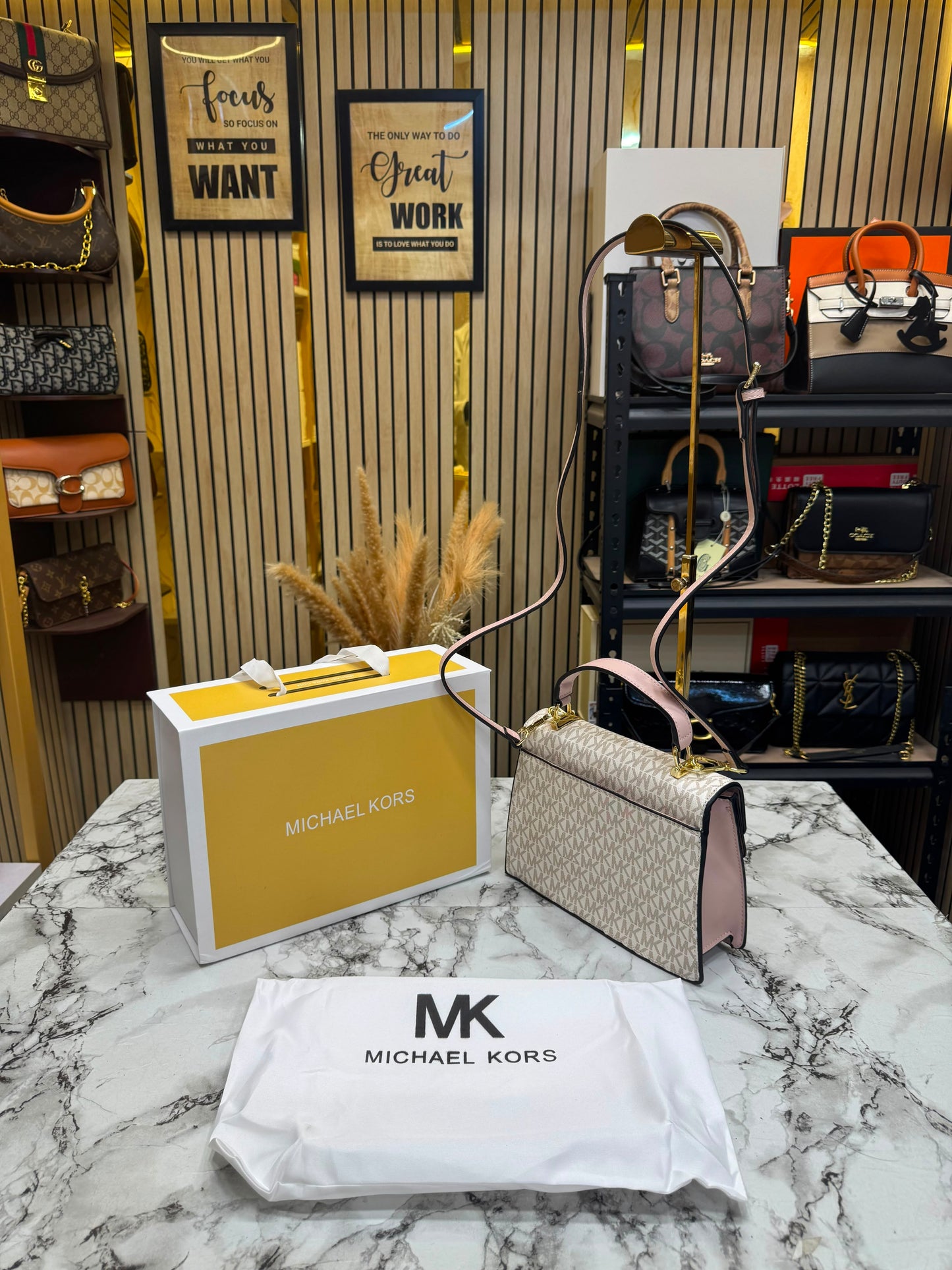 MK-Inspired Signature Monogram Flap Satchel Bag With Crossbody Strap Including Box And Dust Bag (Pink)