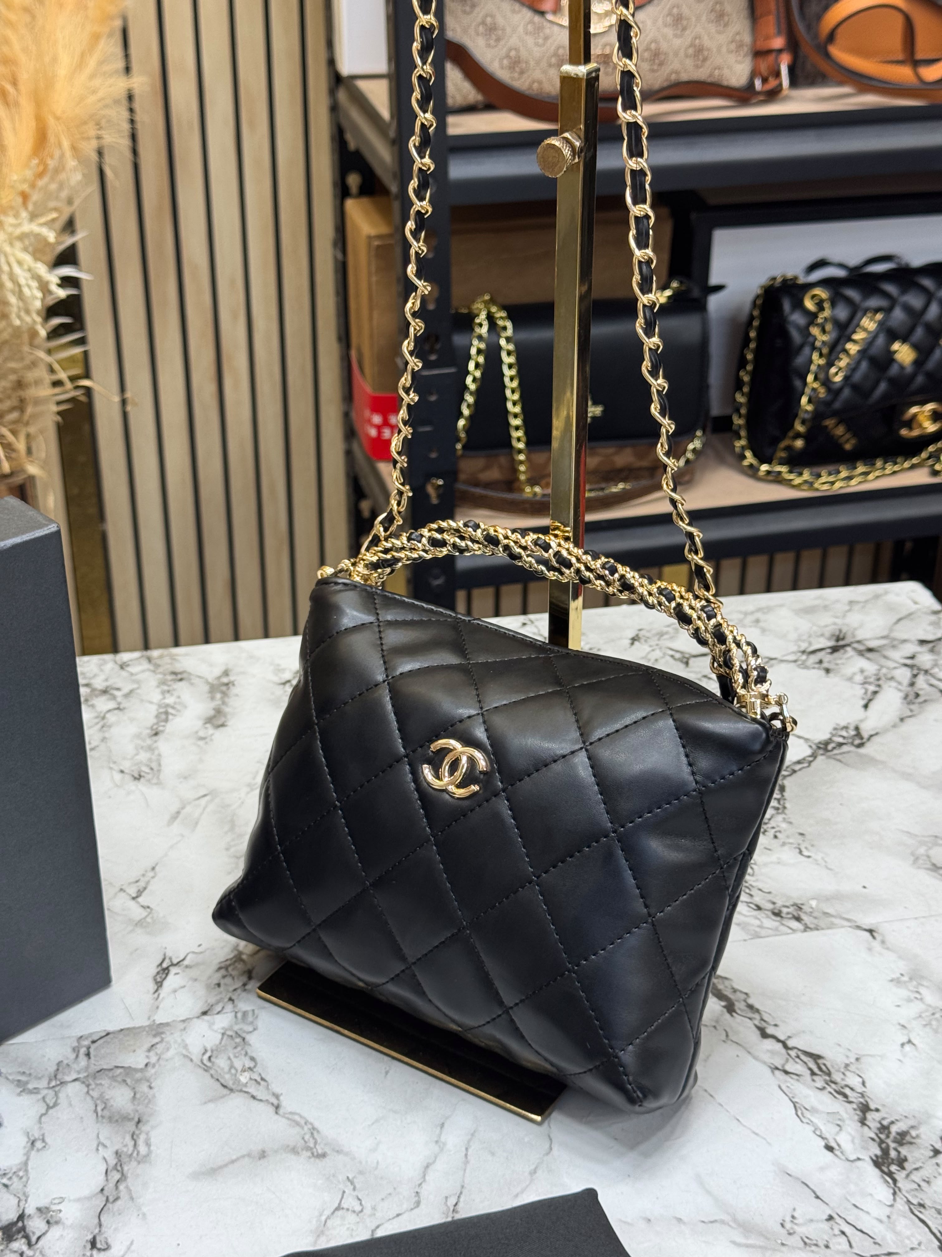 Chanel-Inspired Cavior Quilted Crossbody Bag Gold Chain With Box And Dust Bag (Black) Secondary image