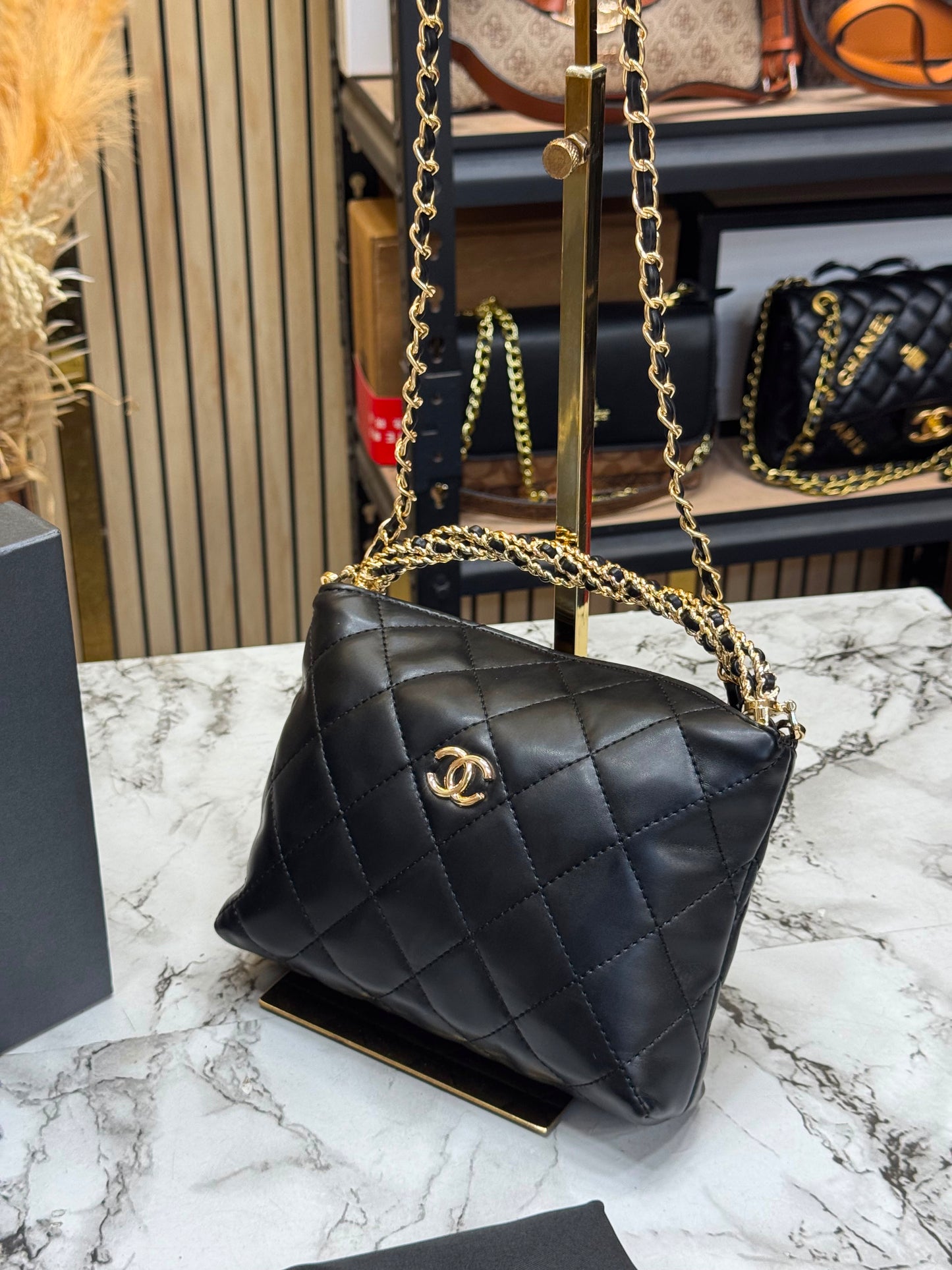 Chanel-Inspired Cavior Quilted Crossbody Bag Gold Chain With Box And Dust Bag (Black)