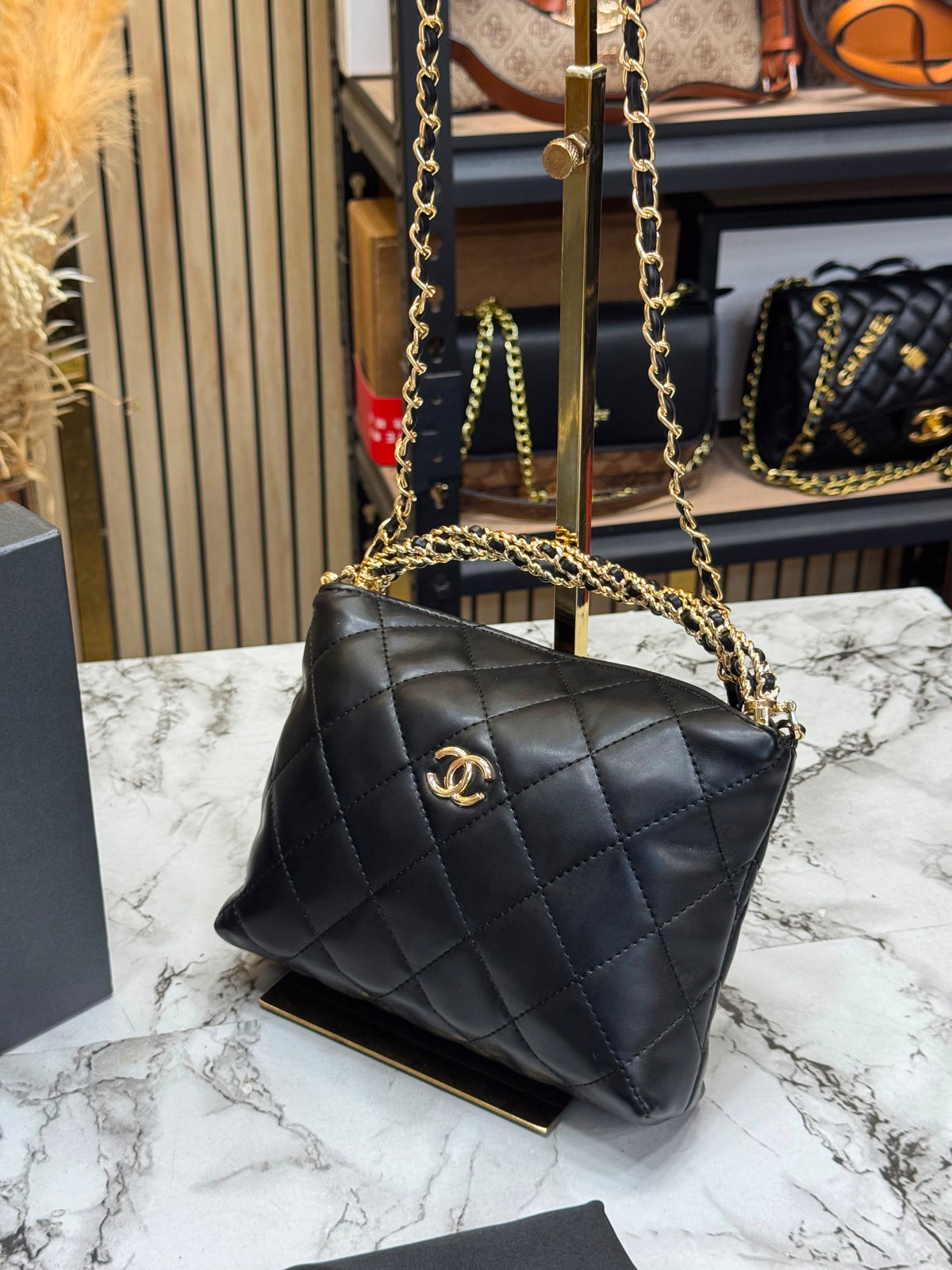 Chanel-Inspired Cavior Quilted Crossbody Bag Gold Chain With Box And Dust Bag (Black)