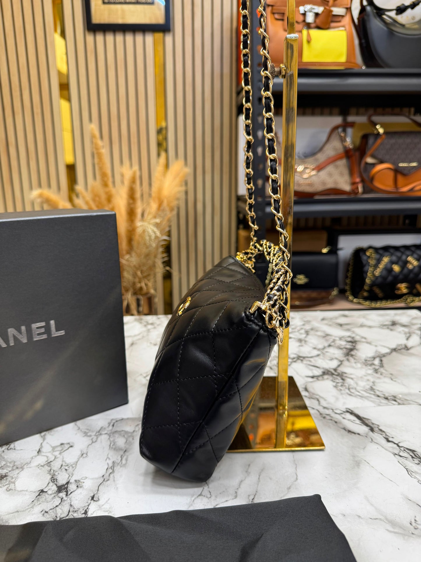 Chanel-Inspired Cavior Quilted Crossbody Bag Gold Chain With Box And Dust Bag (Black)