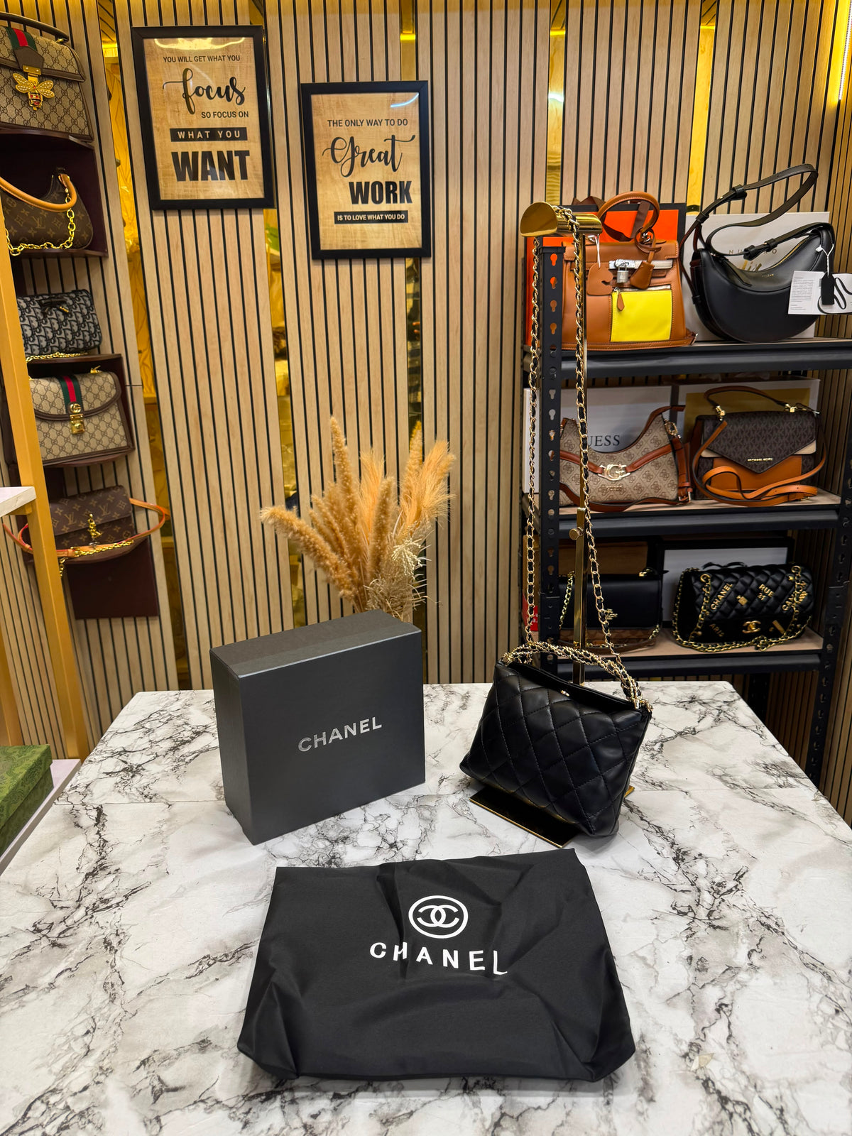 Chanel-Inspired Cavior Quilted Crossbody Bag Gold Chain With Box And Dust Bag (Black)