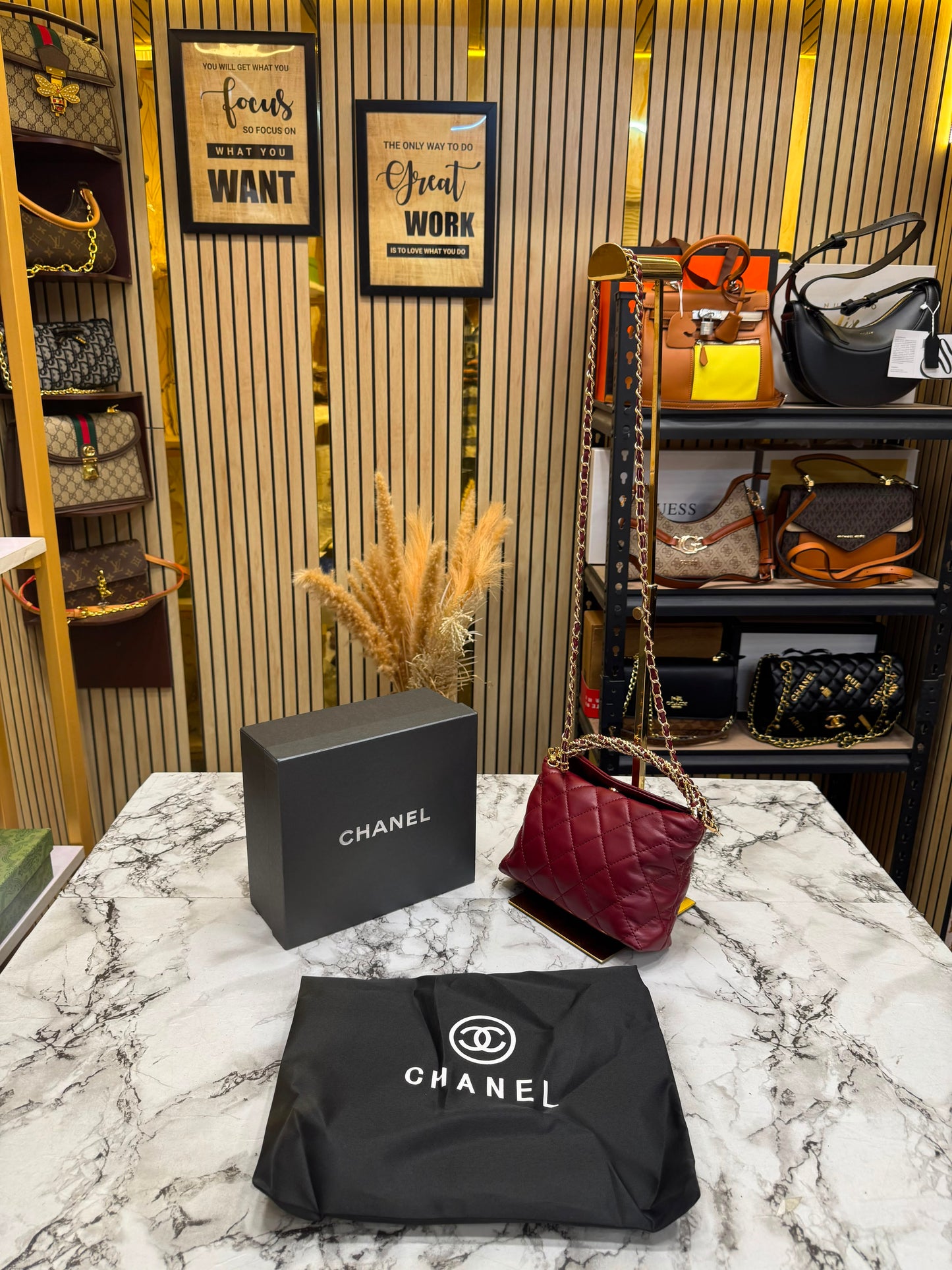 Chanel-Inspired Cavior Quilted Crossbody Bag Gold Chain With Box And Dust Bag (Maroon)