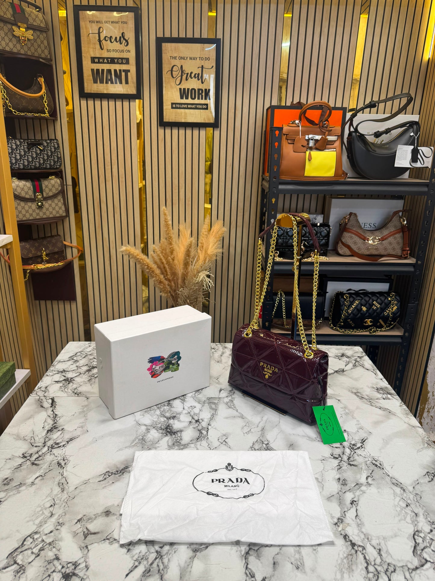 Prada-Inspired Quilted Spectrum Shoulder Bag With Box And Dust Bag (Maroon)