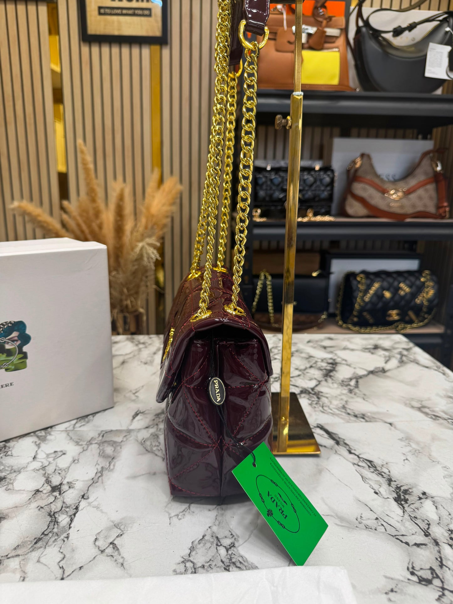 Prada-Inspired Quilted Spectrum Shoulder Bag With Box And Dust Bag (Maroon)