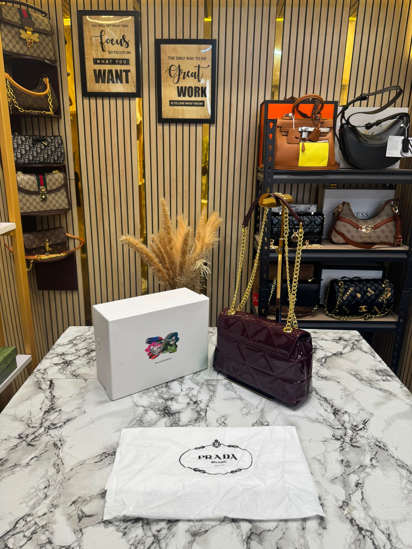 Prada-Inspired Quilted Spectrum Shoulder Bag With Box And Dust Bag (Maroon)