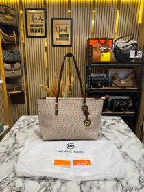 MK-Inspired Jet Set Zip Logo Large Tote Bag With Dust Bag (Beige)