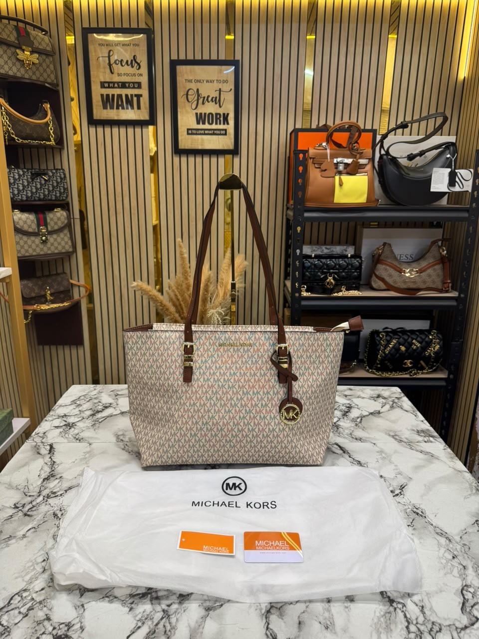 MK-Inspired Jet Set Zip Logo Large Tote Bag With Dust Bag (Beige)