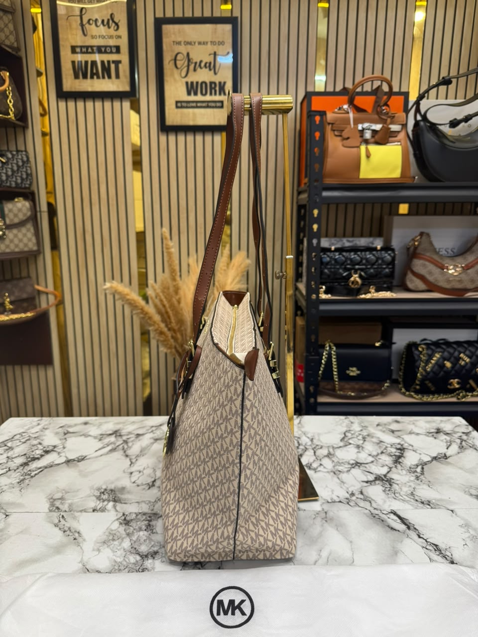 MK-Inspired Jet Set Zip Logo Large Tote Bag With Dust Bag (Beige)