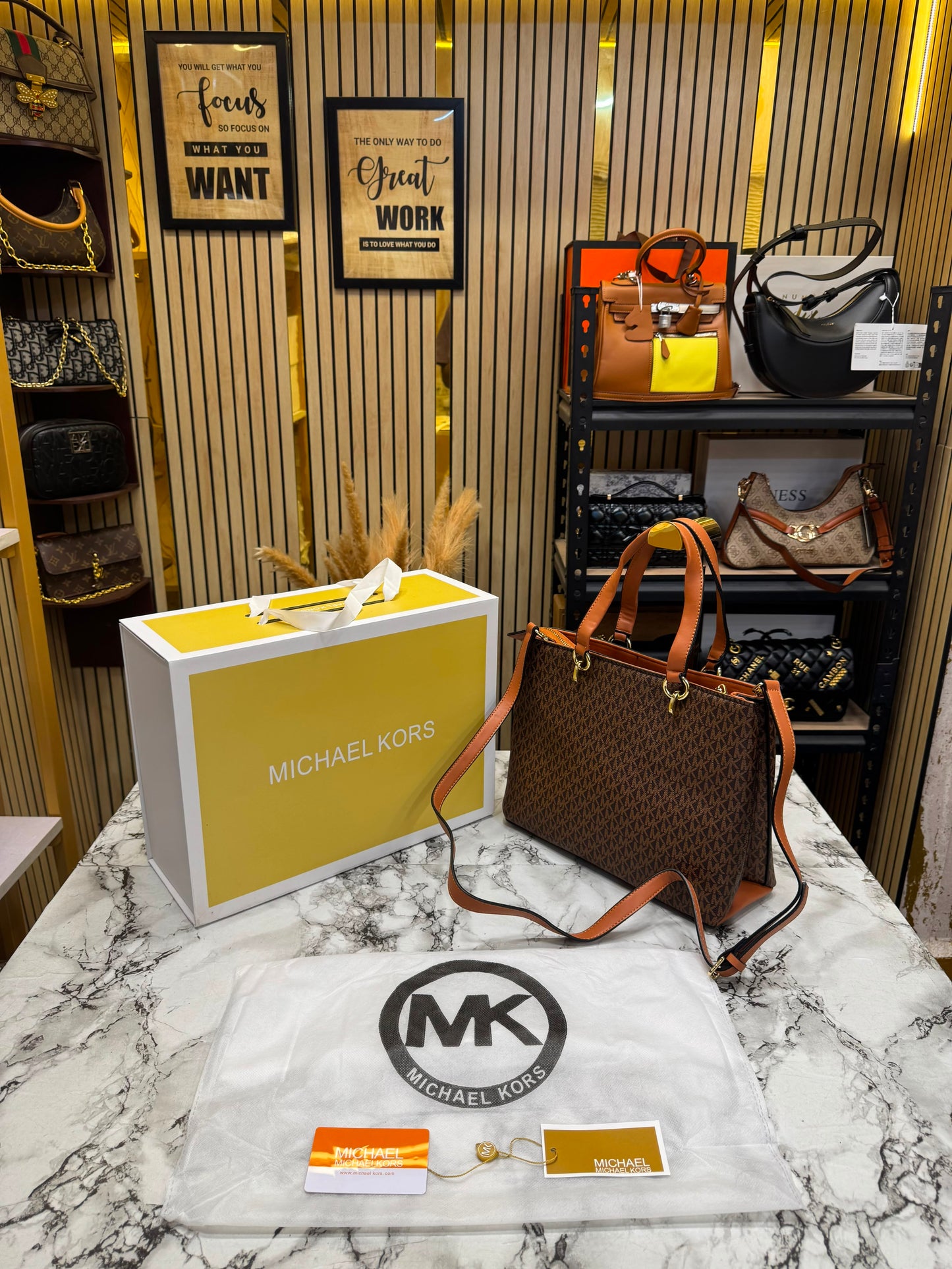 MK-Inspired Prorsum Handbag With Dust Bag And Magnetic Box Premium Quality (Coffee Brown)